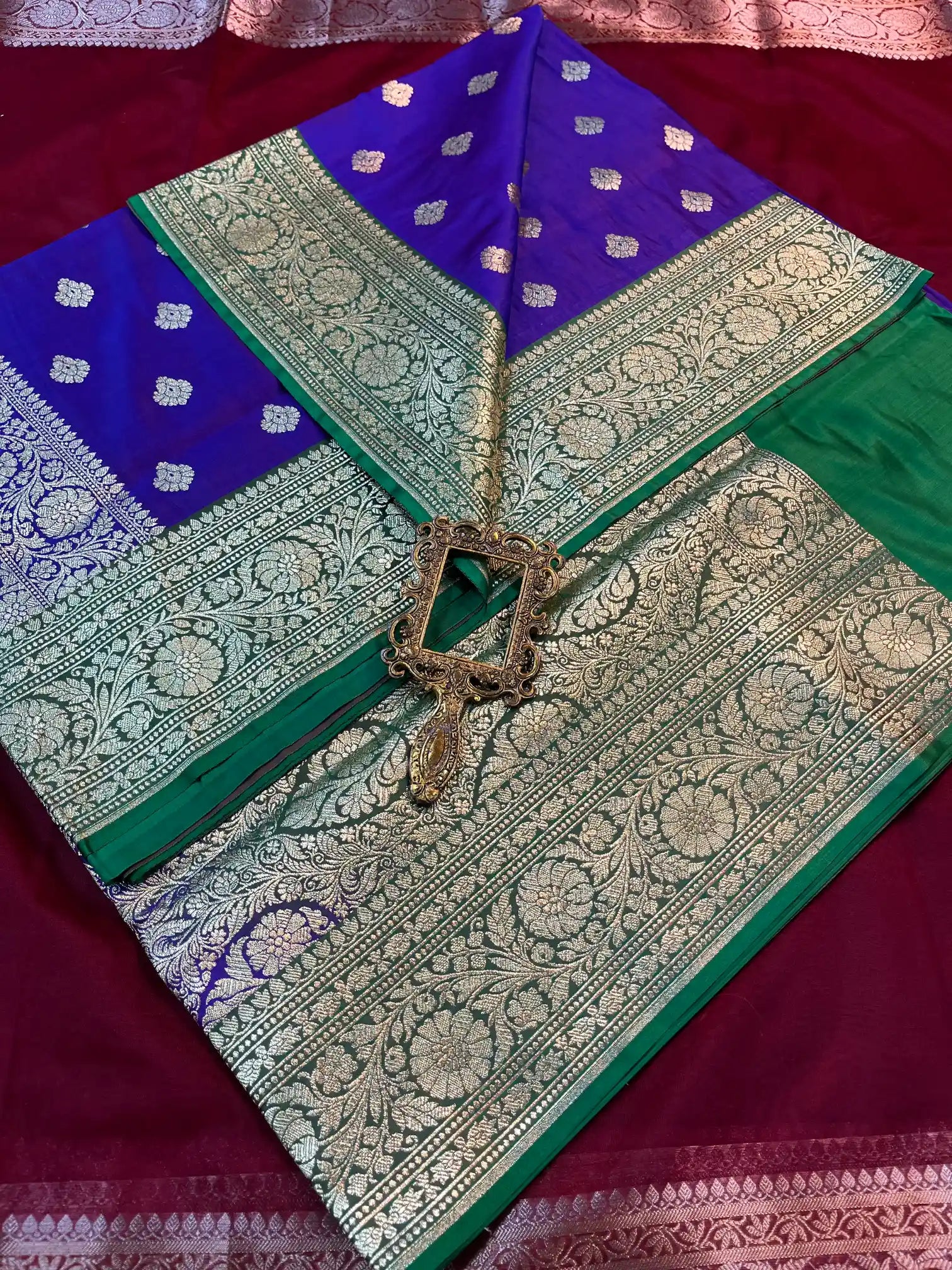 Bridal Dark Blue Contrast Satin Silk Traditional Buta Banarasi Saree