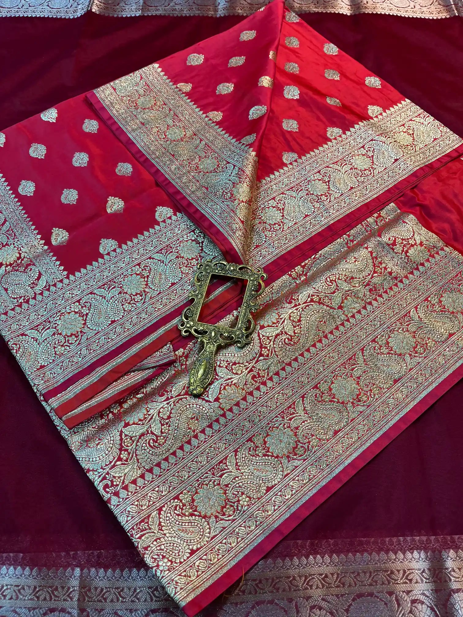 Bridal Red Satin Silk Traditional Buta Banarasi Saree