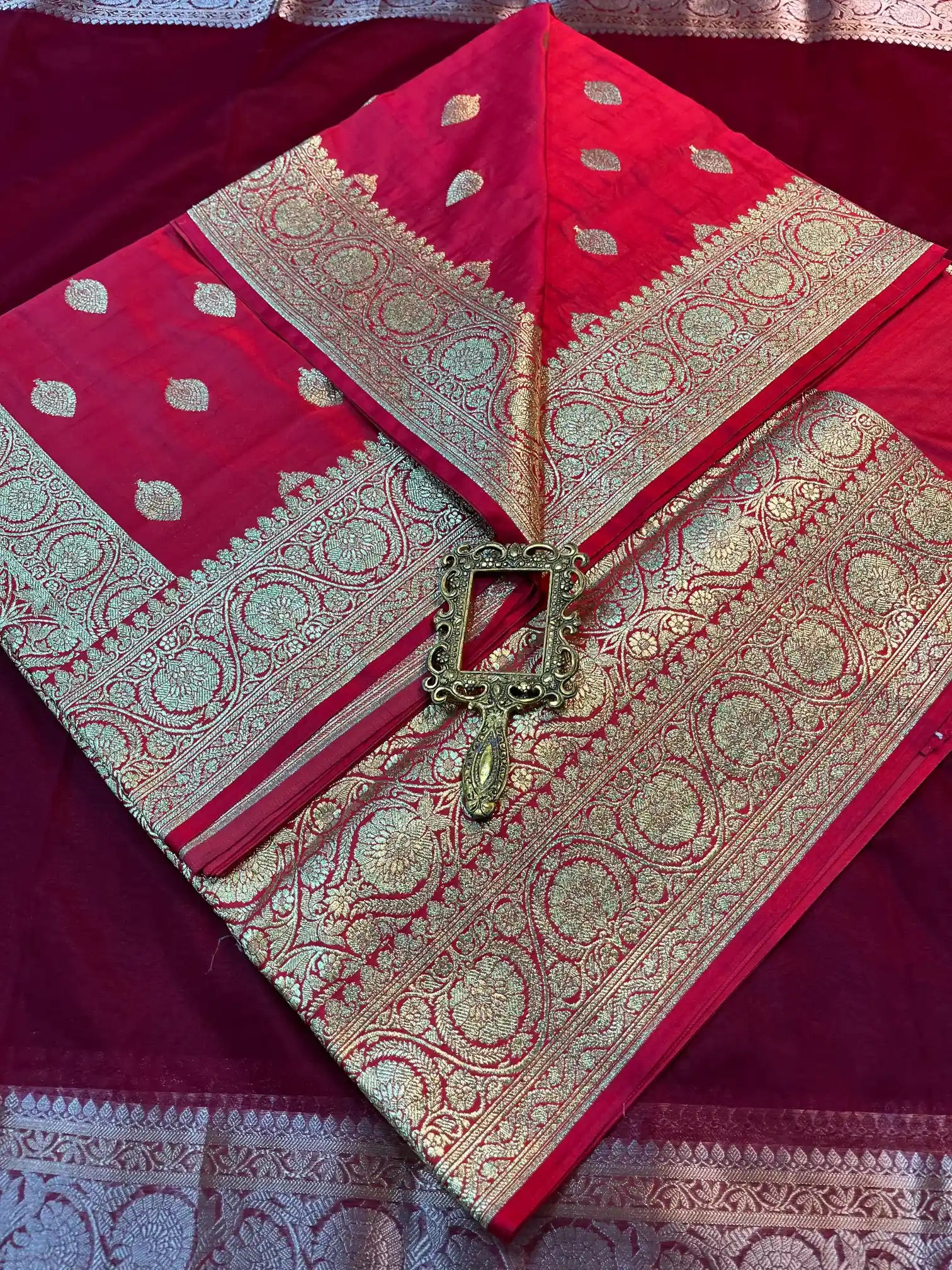 Bridal Crimson Red Satin Silk Traditional Buta Banarasi Saree
