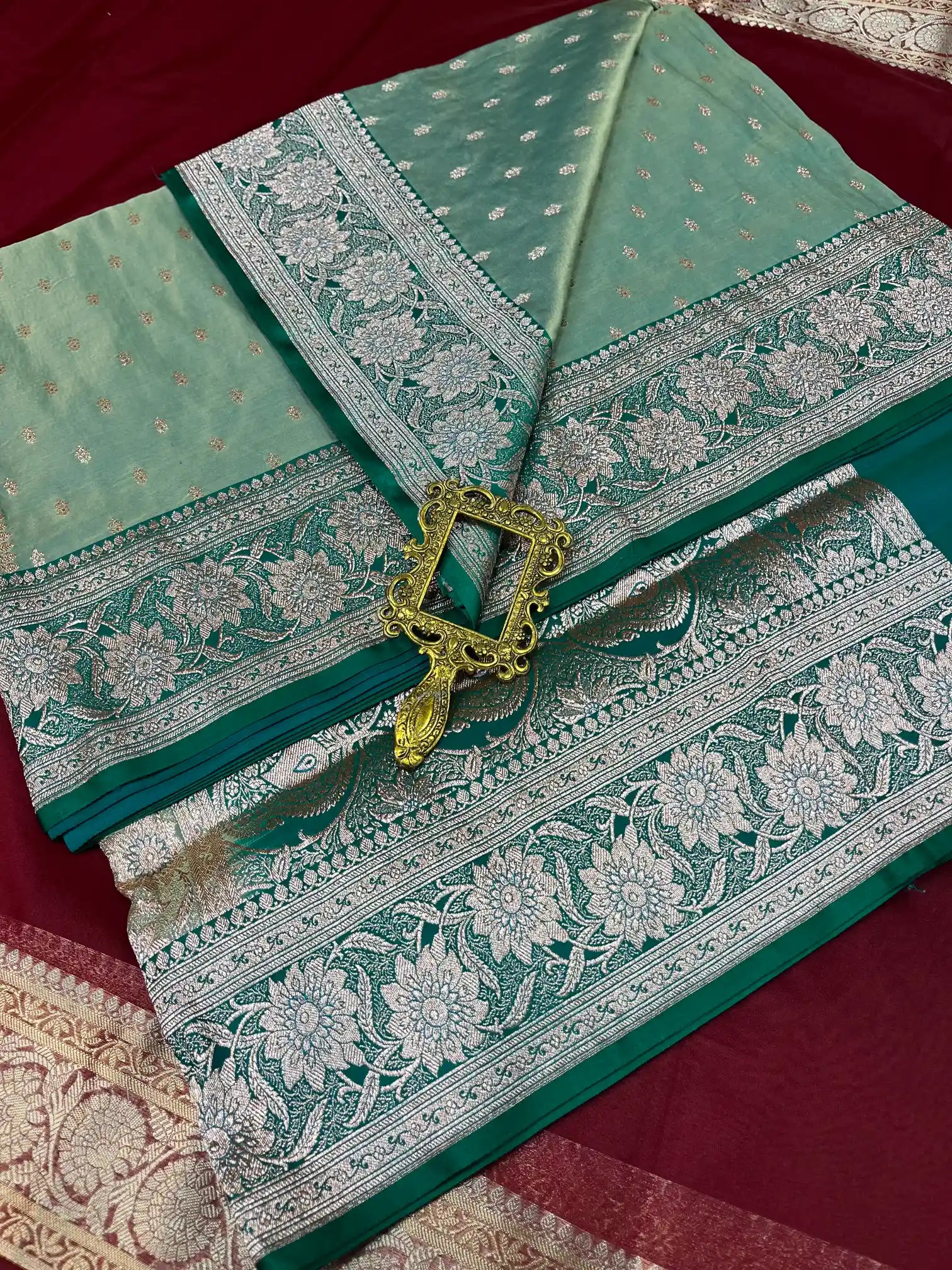 Bridal Pista Green Contrast Satin Silk Traditional Buti Banarasi Saree