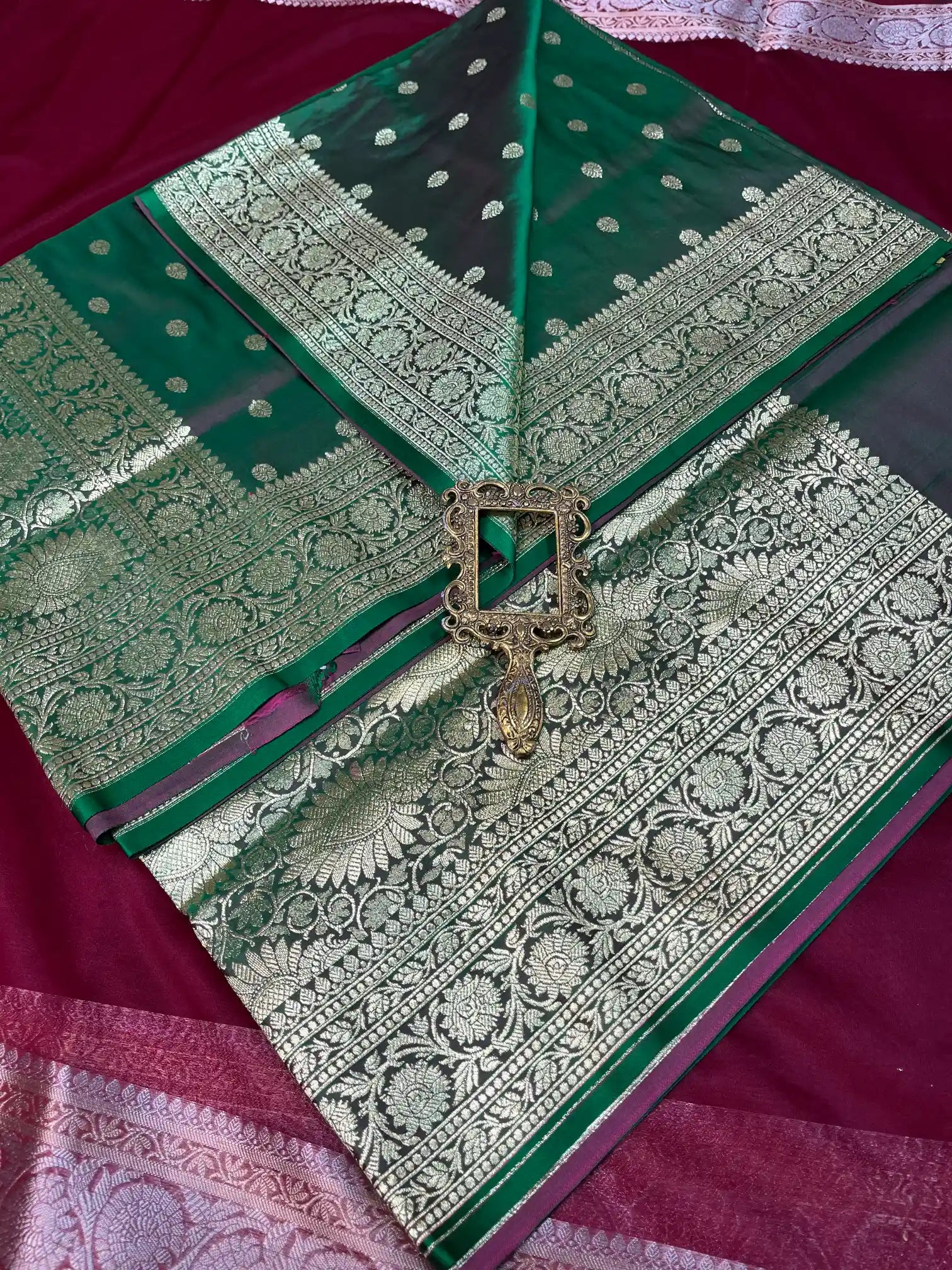 Bridal Dark Bottle Green Satin Silk Premium Buti Banarasi Saree