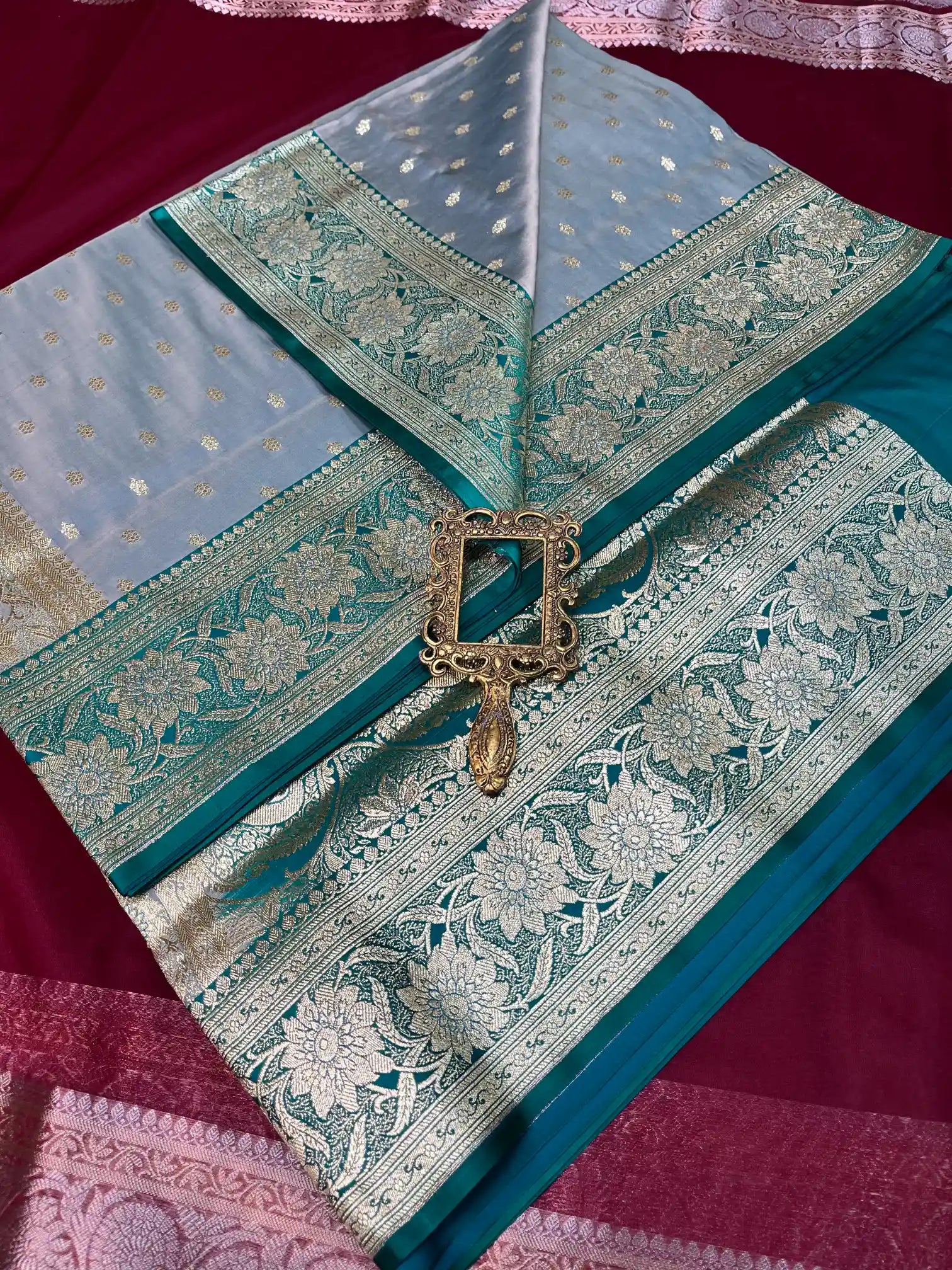 Bridal Pastel Blue Contrast Satin Silk Premium Buti Banarasi Saree