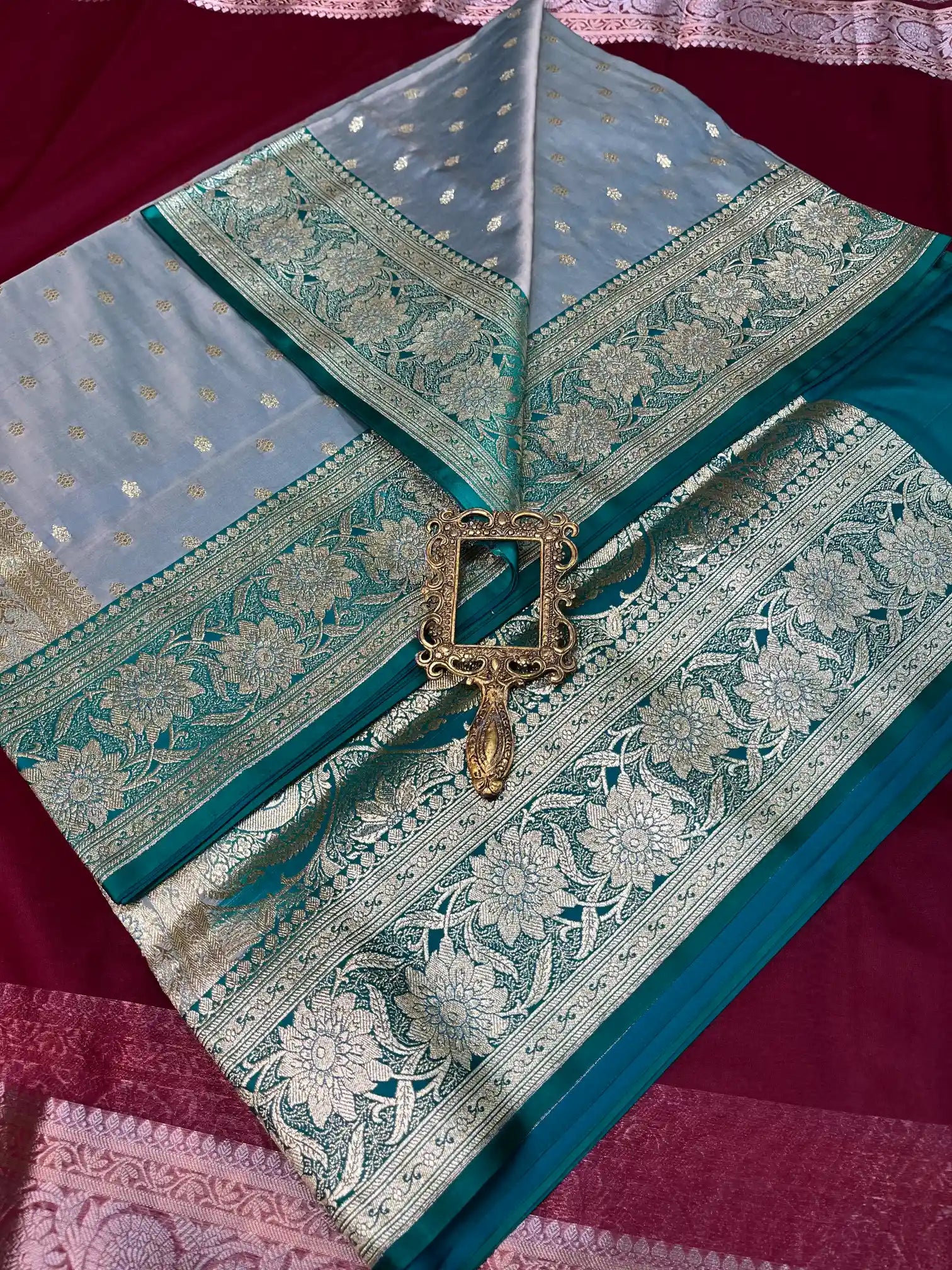Bridal Pastel Blue Contrast Satin Silk Premium Buti Banarasi Saree