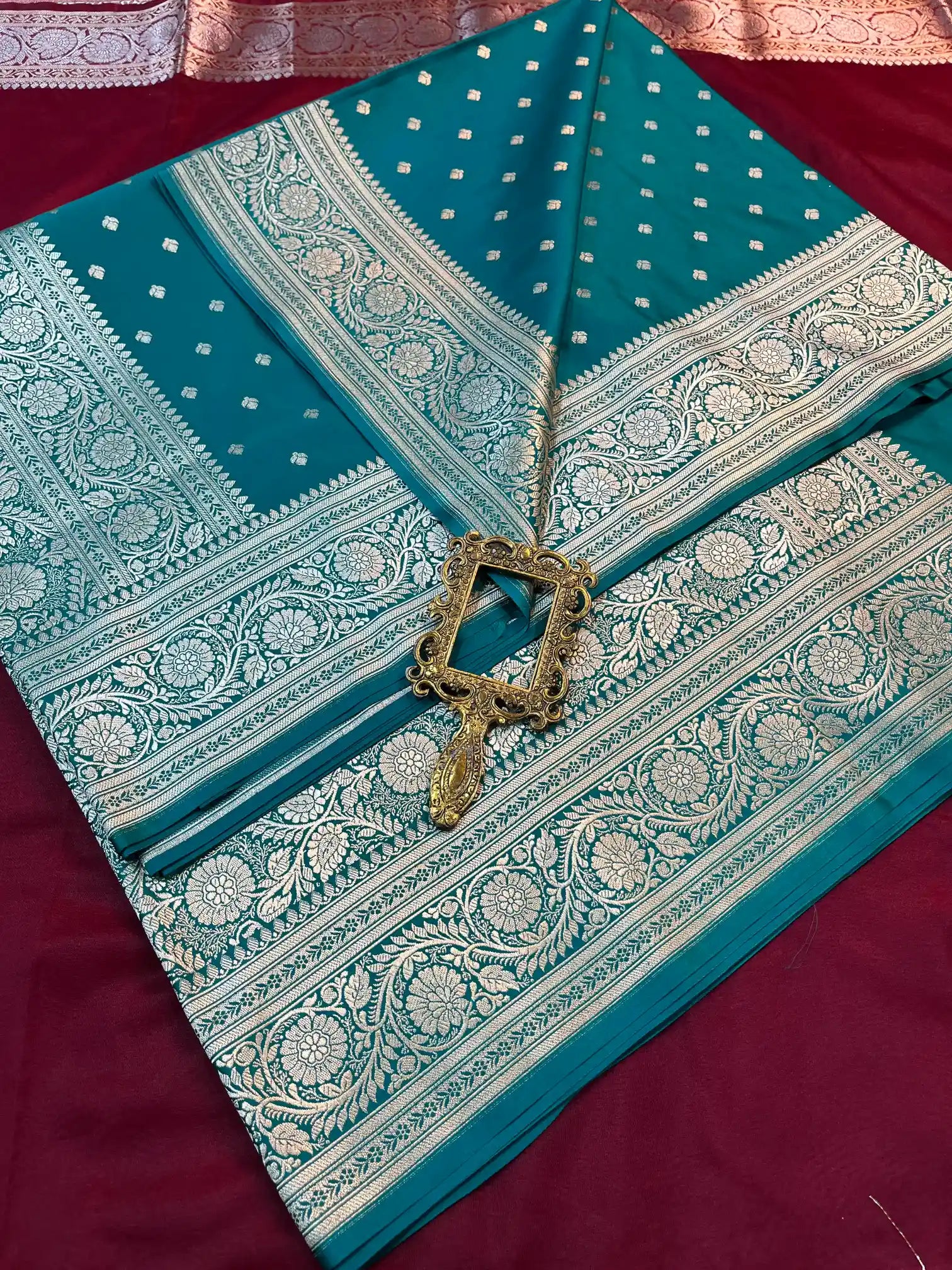 Bridal Teal Blue Satin Silk Premium Buti Banarasi Saree