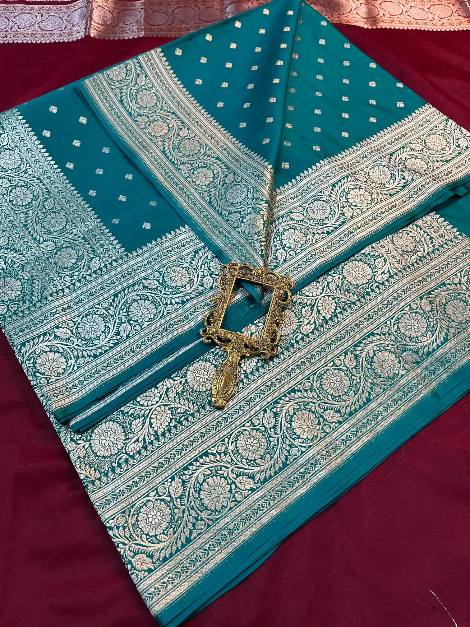 Bridal Teal Blue Satin Silk Premium Buti Banarasi Saree