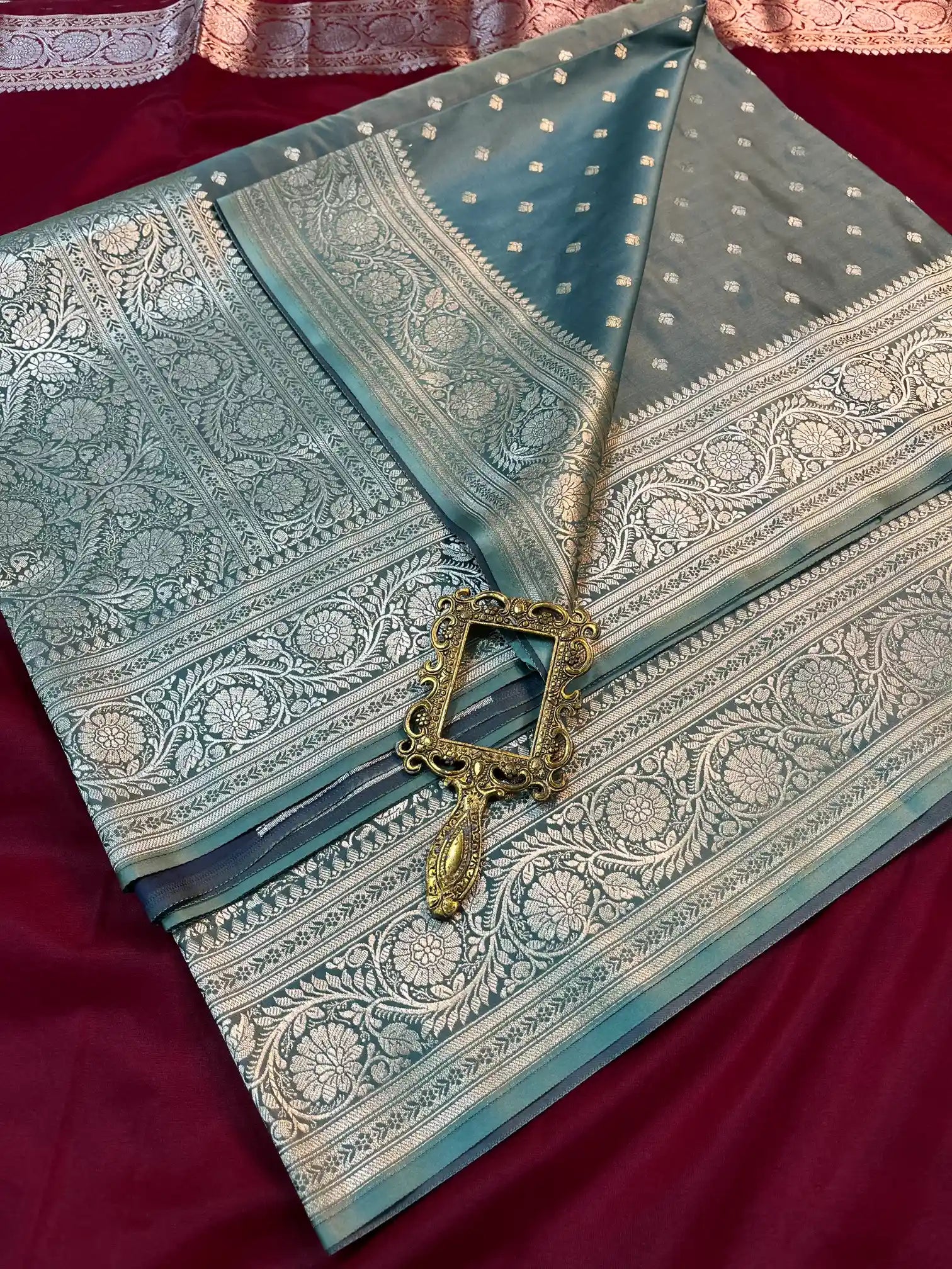 Bridal Pastel Grey Satin Silk Premium Buti Banarasi Saree