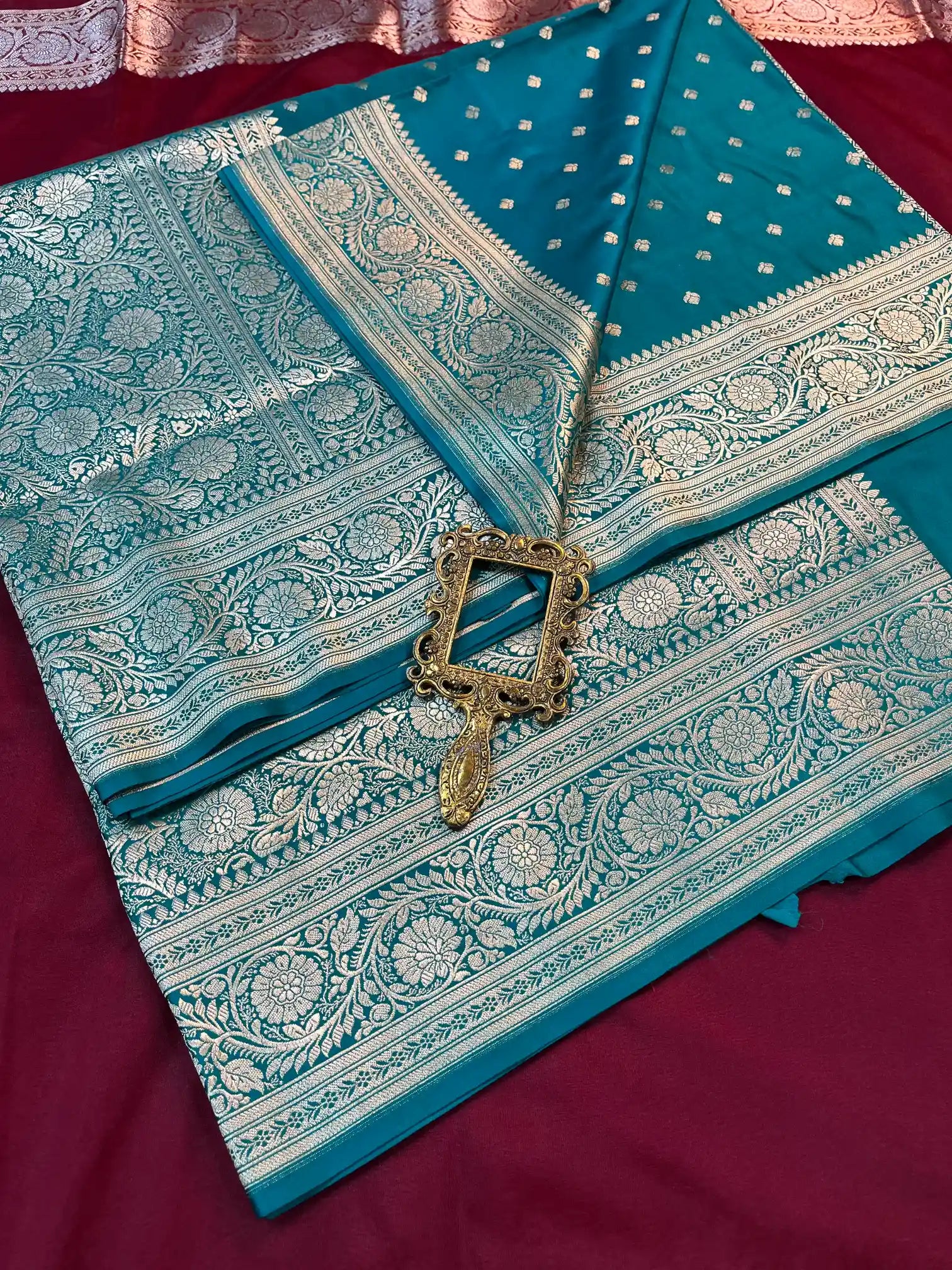 Bridal Teal Blue Satin Silk Premium Buti Banarasi Saree