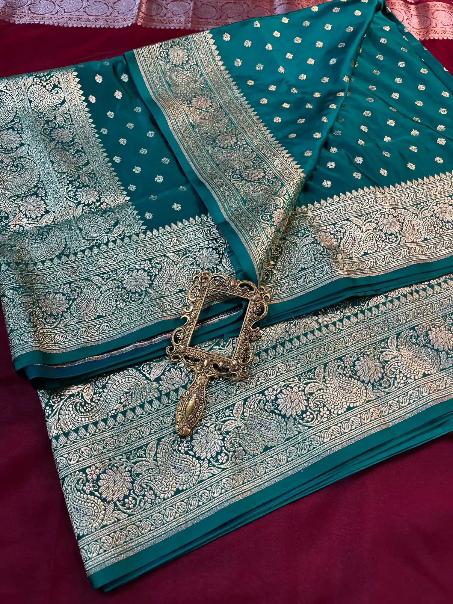Bridal Teal Green Satin Silk Premium Buti Banarasi Saree