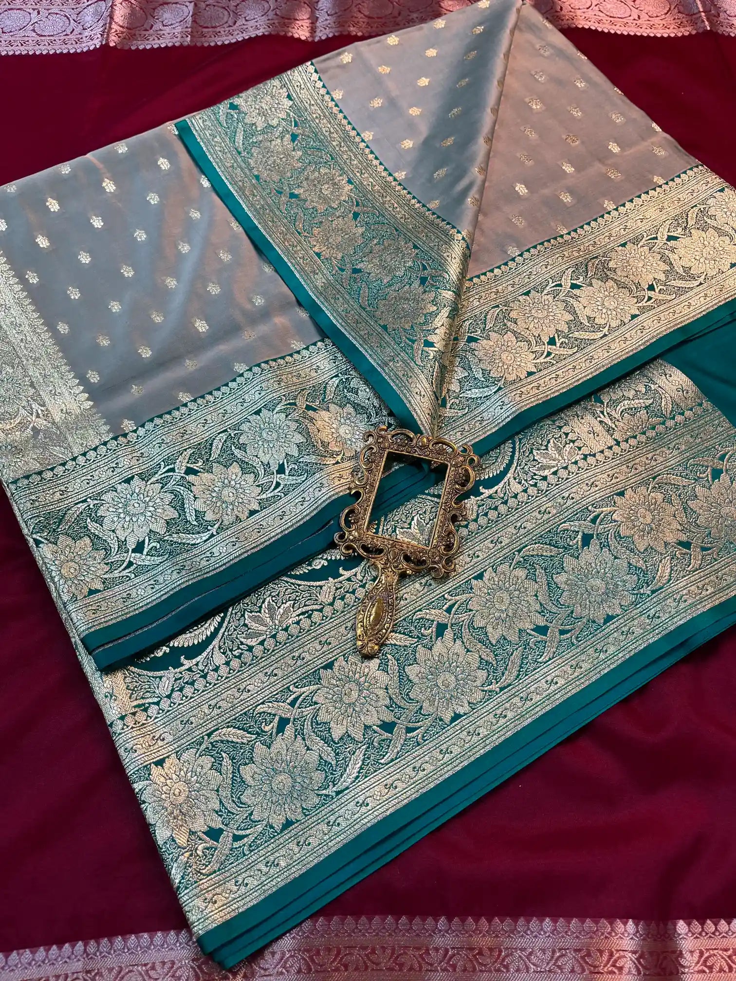 Bridal Pastel Grey Satin Silk Premium Buti Banarasi Saree