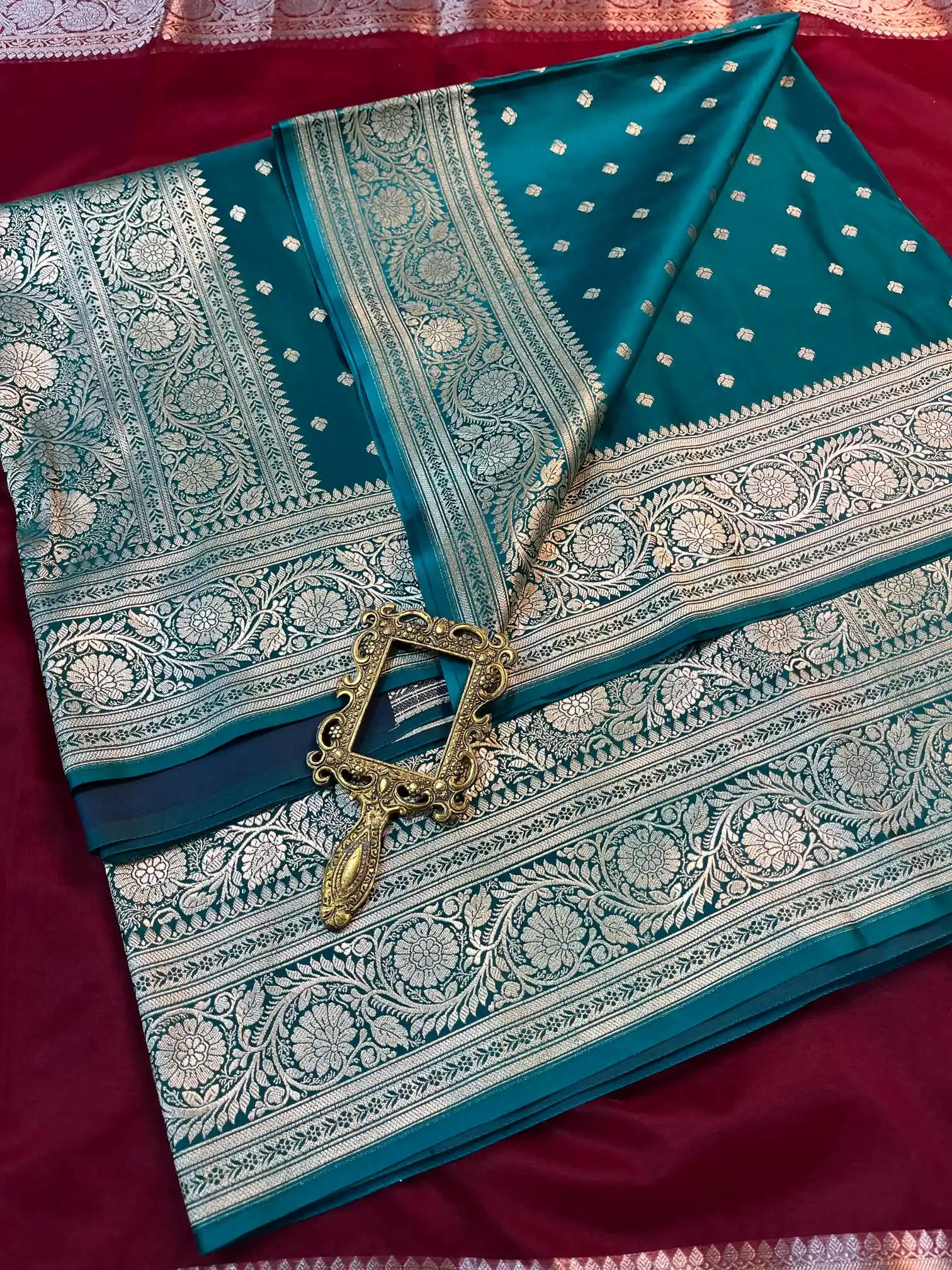 Bridal Teal Green Satin Silk Premium Buti Banarasi Saree