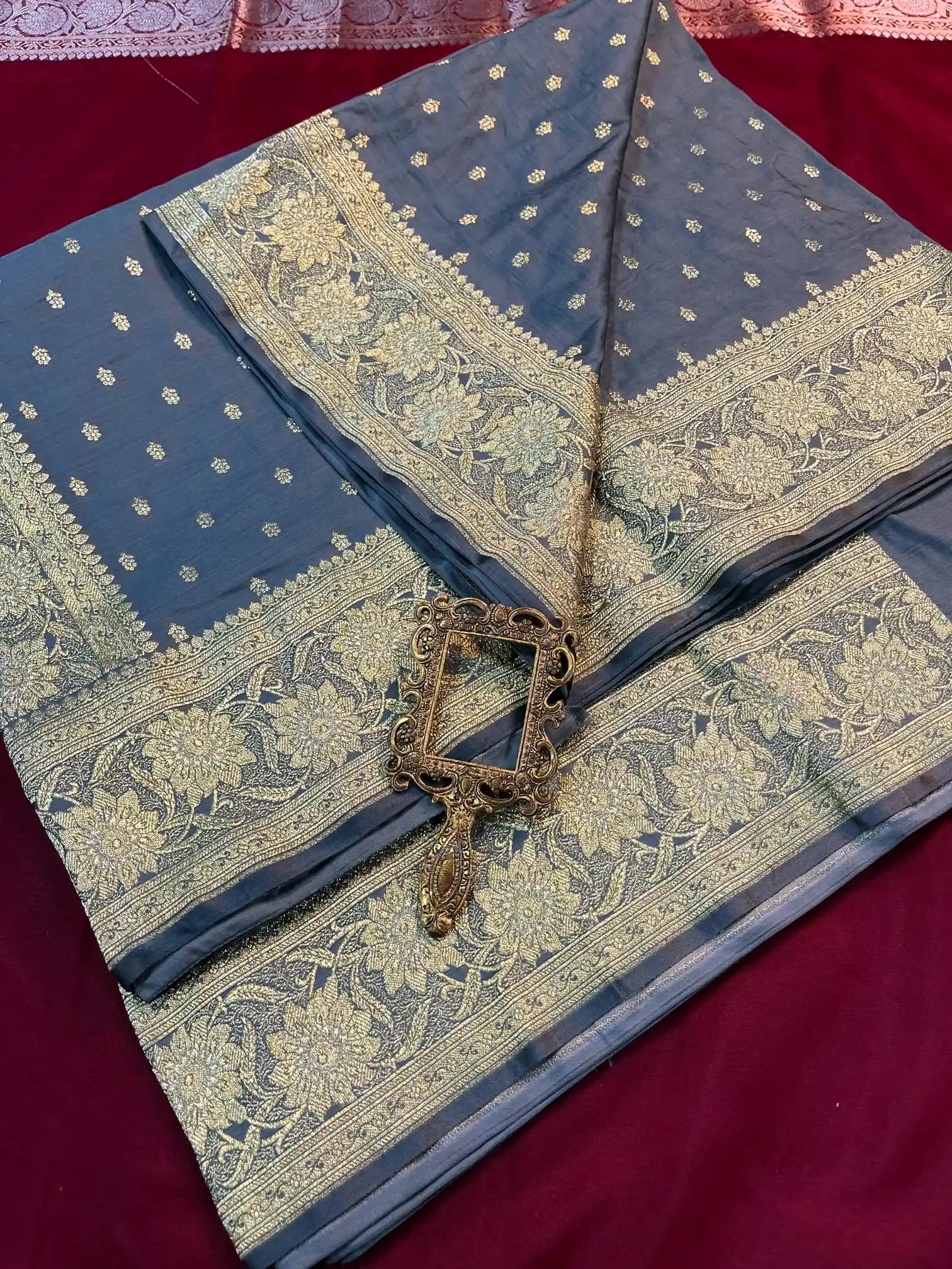 Bridal Dark Pastel Grey Satin Silk Premium Buti Banarasi Saree