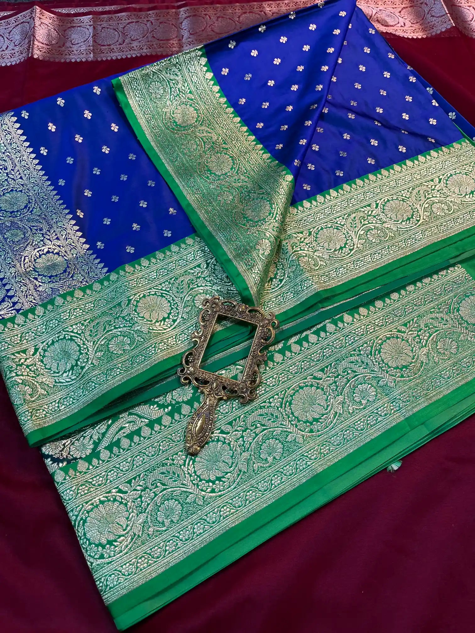 Bridal Royal Blue Contast Satin Silk Premium Buti Banarasi Saree