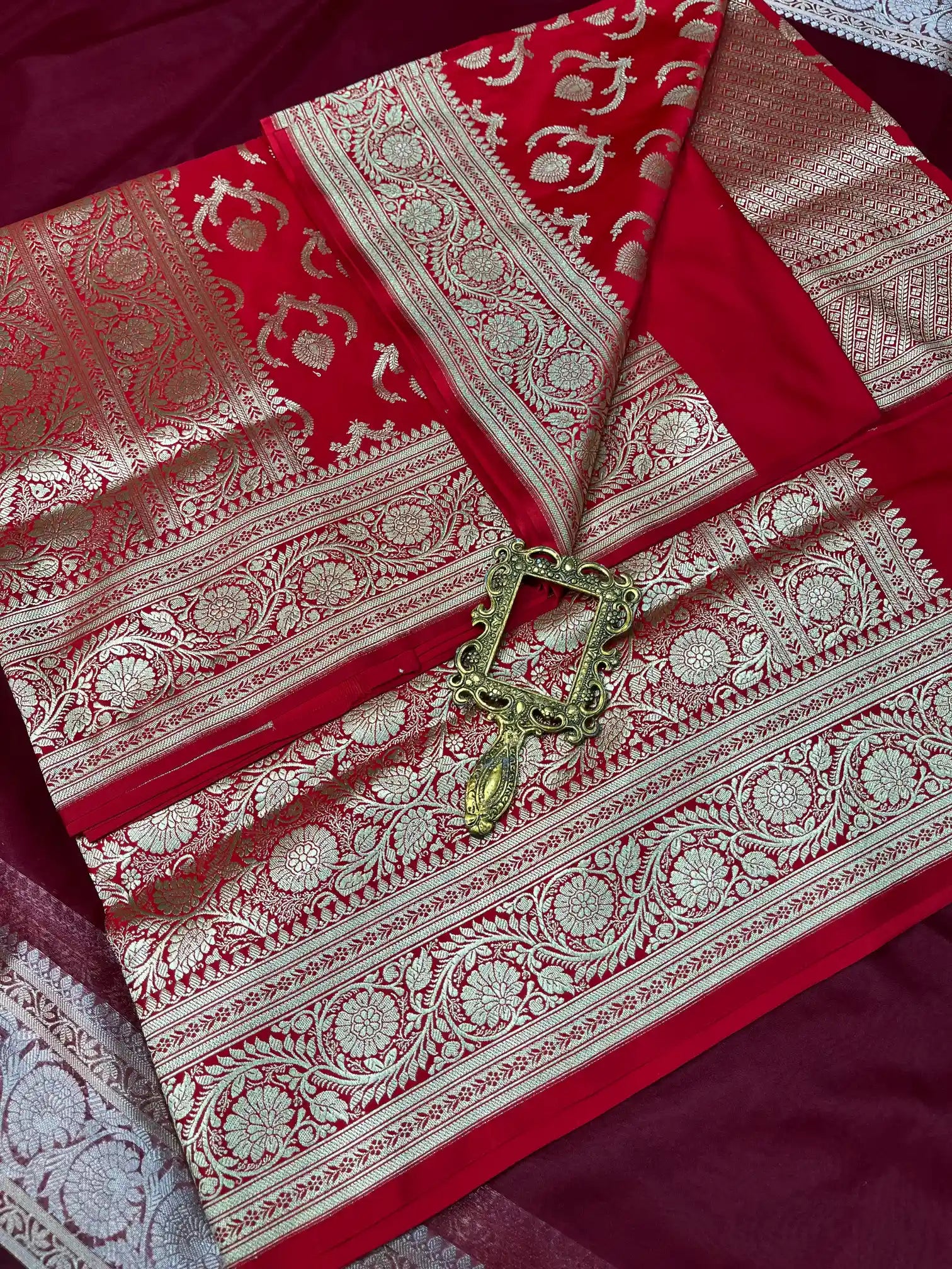 Bridal Red Satin Silk Premium Floral Jaal Banarasi Saree