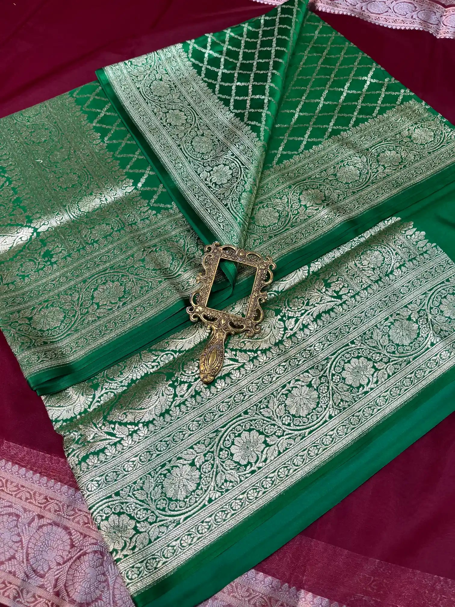 Bridal Green Satin Silk Premium Floral Jaal Banarasi Saree