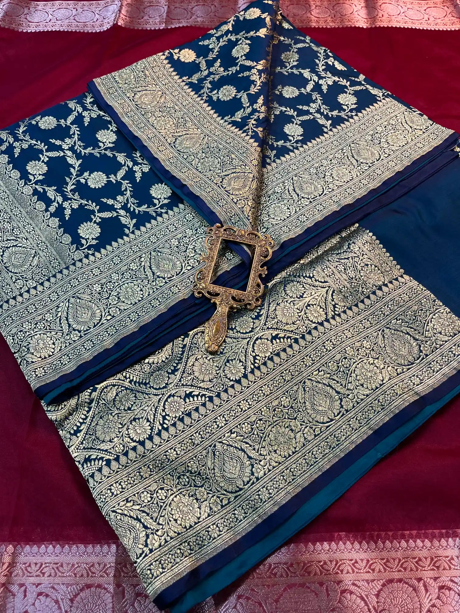 Bridal Dark Blue Satin Silk Premium Floral Jaal Banarasi Saree