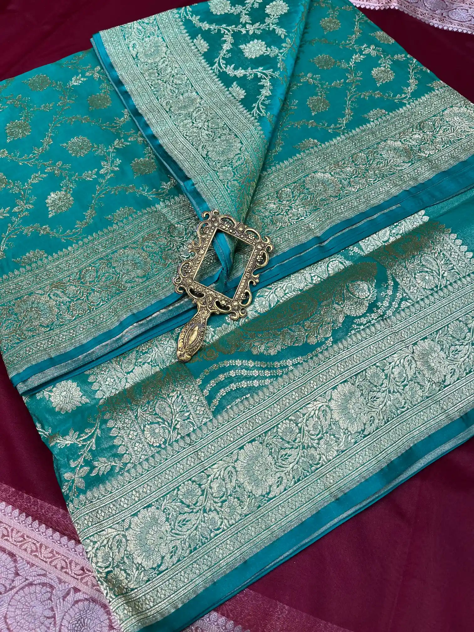 Bridal Sea Green Satin Silk Premium Floral Jaal Banarasi Saree