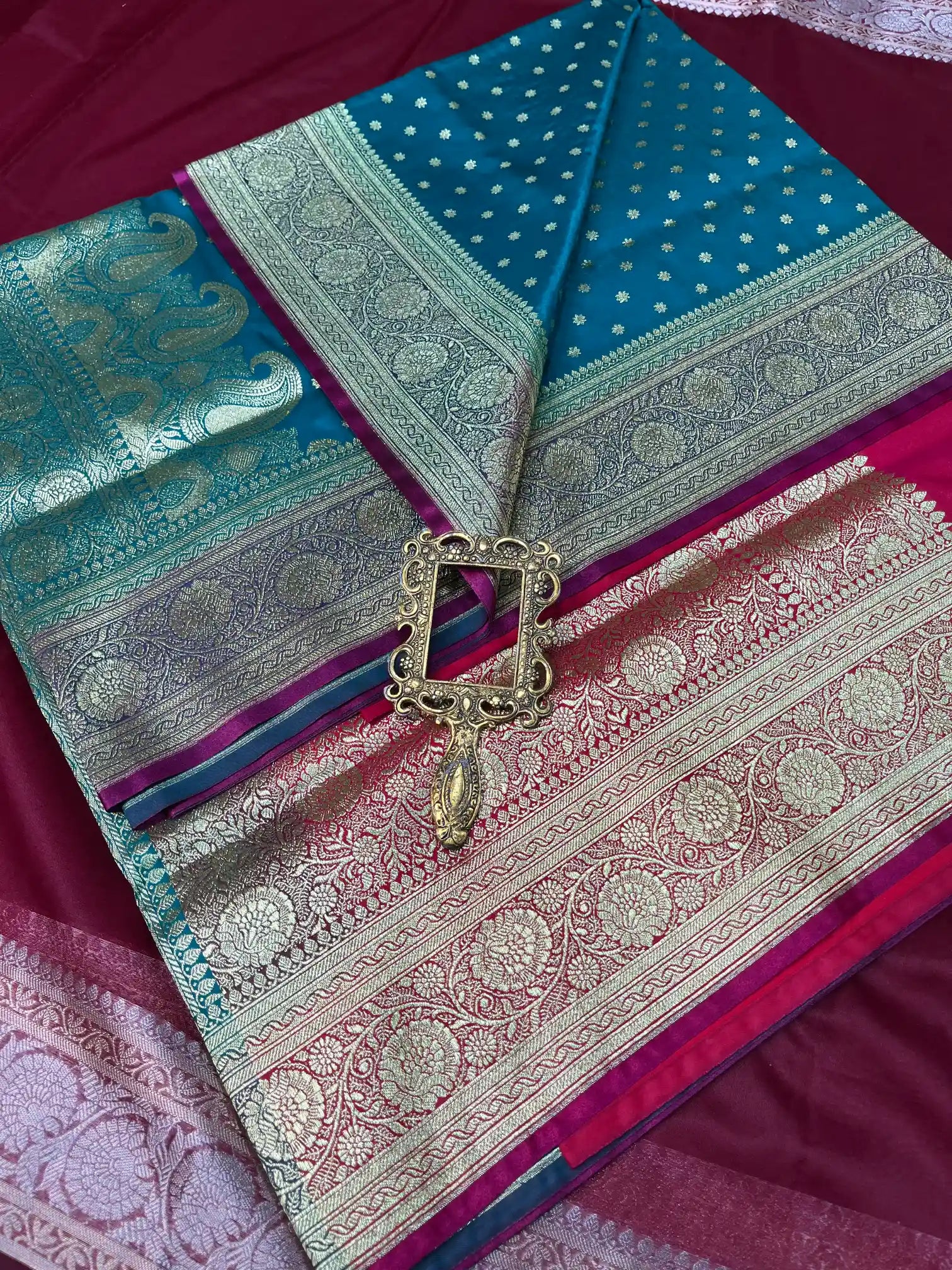 Bridal Persian Blue Contrast Satin Silk Premium Floral Buti Banarasi Saree