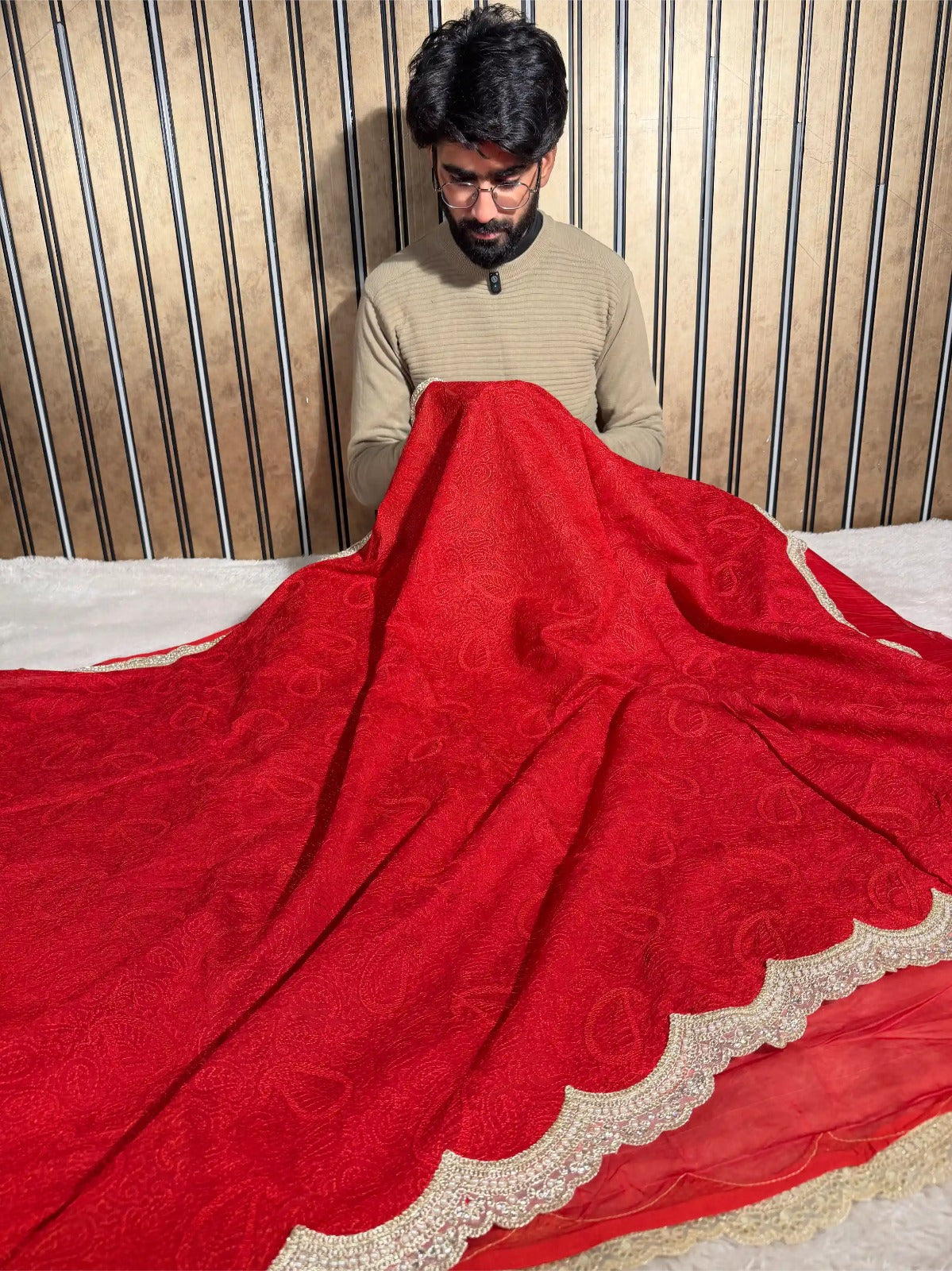 Bridal Red Pure Mul Chanderi Silk Chikankari Embroidery Banarasi Saree