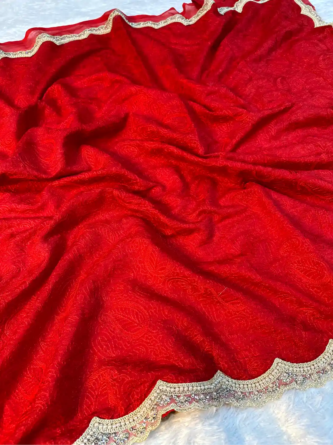 Bridal Red Pure Mul Chanderi Silk Chikankari Embroidery Banarasi Saree
