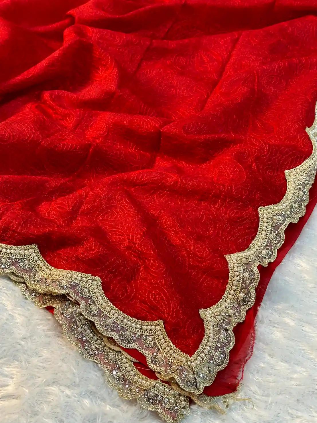 Bridal Red Pure Mul Chanderi Silk Chikankari Embroidery Banarasi Saree