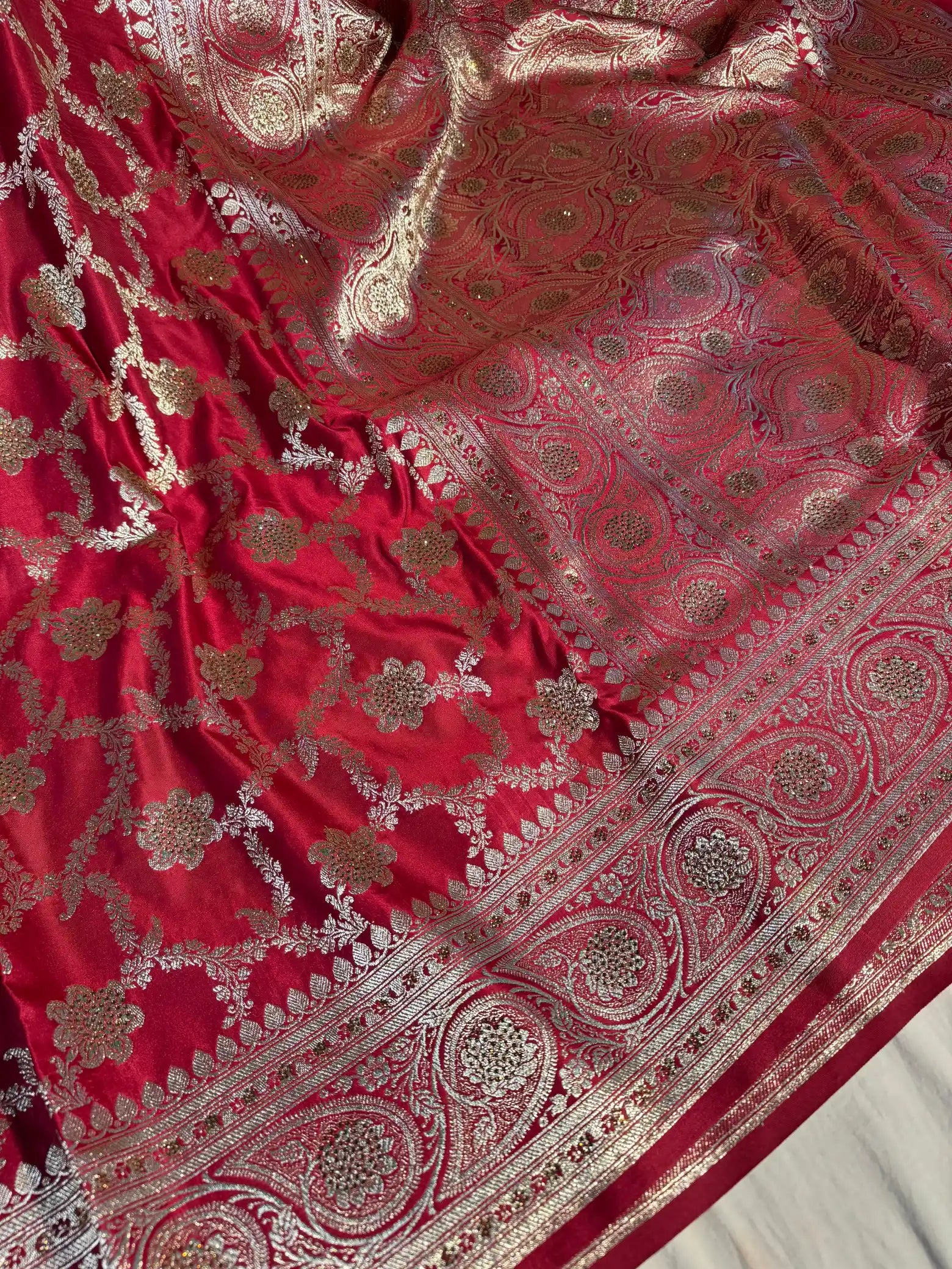 Bright Maroon Premium Banarasi Satin Silk Saree with Rich Pallu and Stone Work