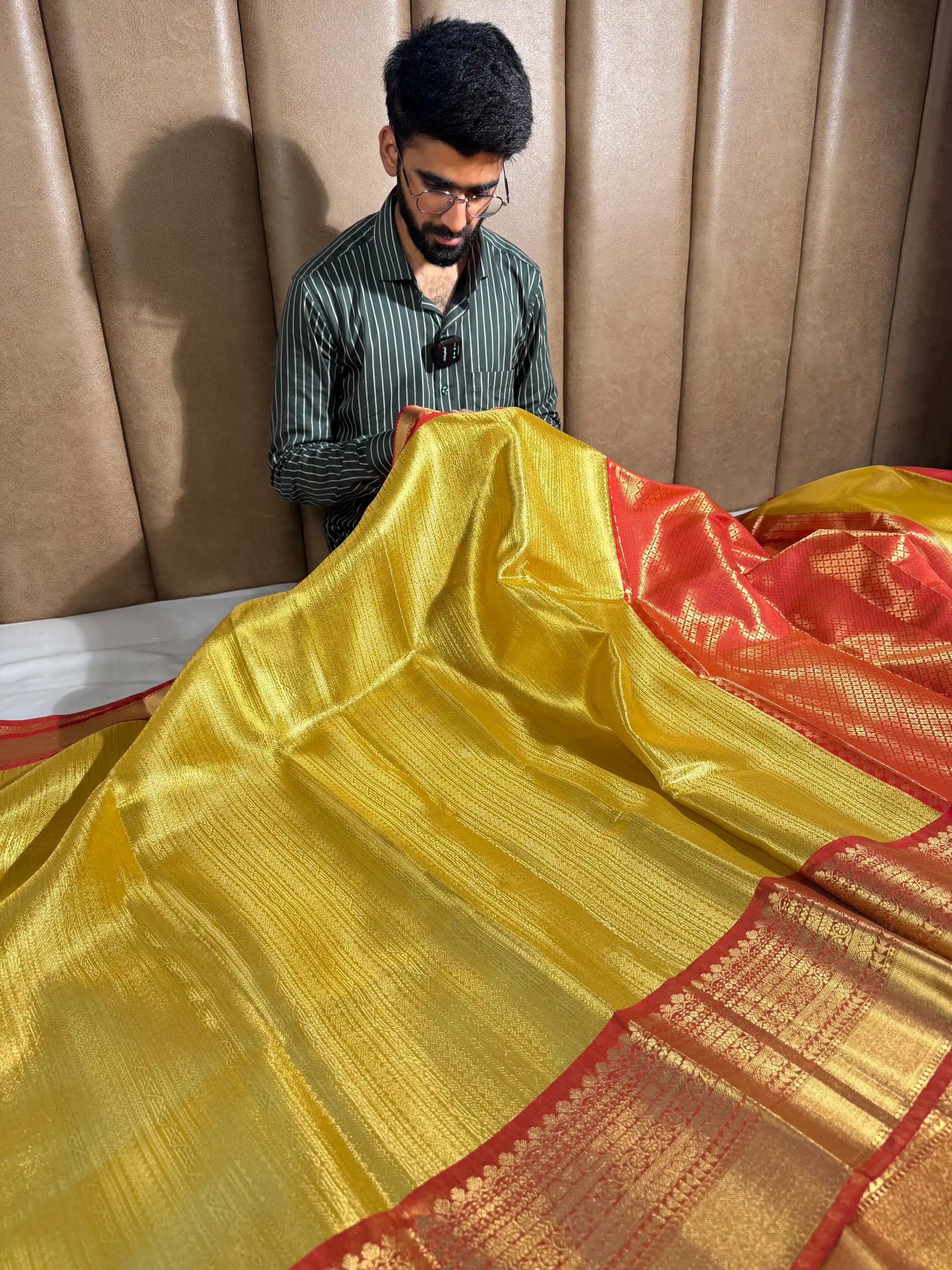 Bright Metallic Gold Kanjivaram Brocade Tissue Silk Saree with Contrast Red Border