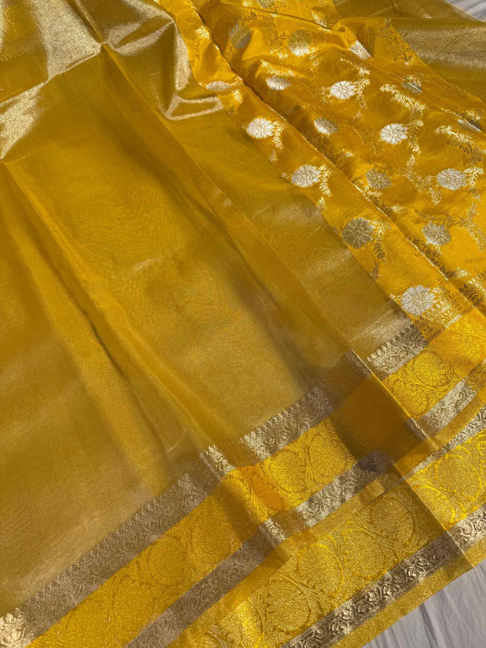Bright Metallic Yellow Soft Tissue Silk Banarasi Saree