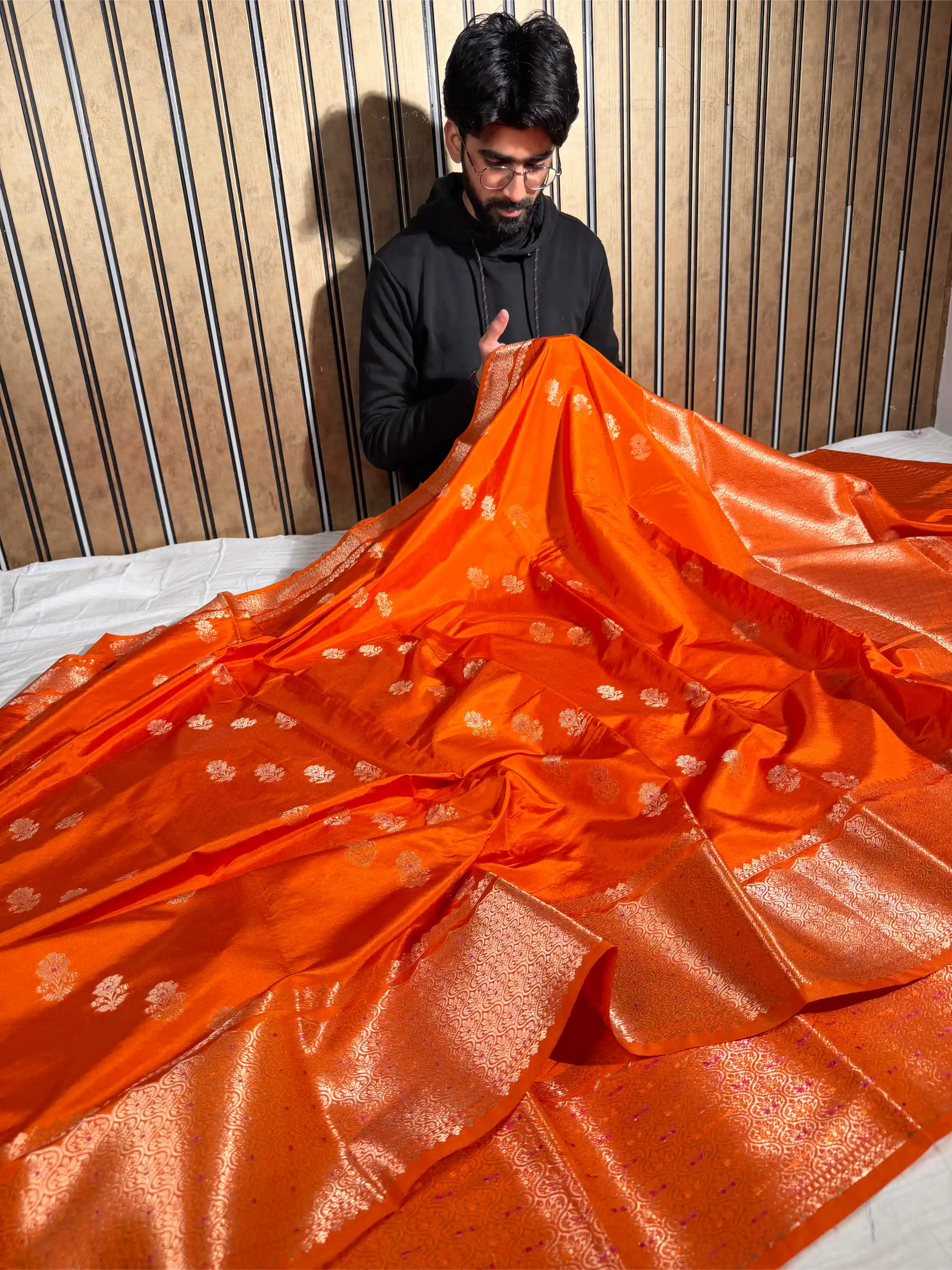 Bright Orange Banana Silk Eccentric Weave Banarasi Saree