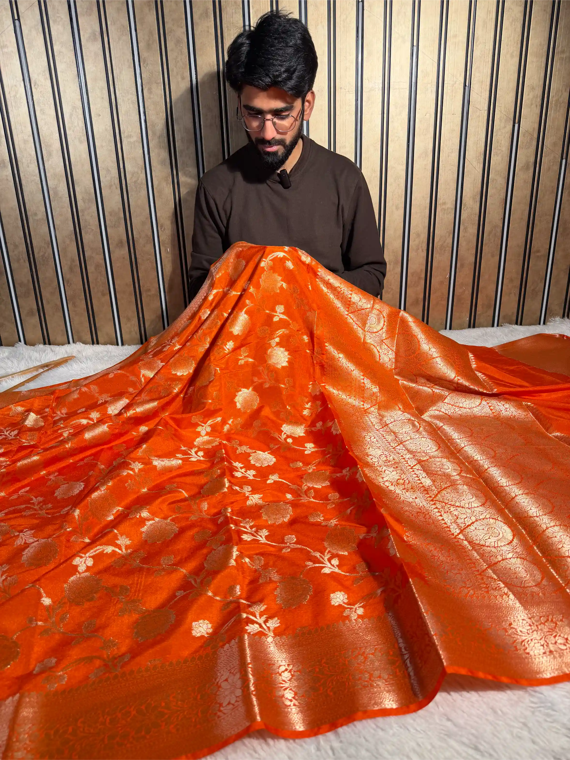 Bright Orange Chinia Silk Floral Jaal Weave Banarasi Saree