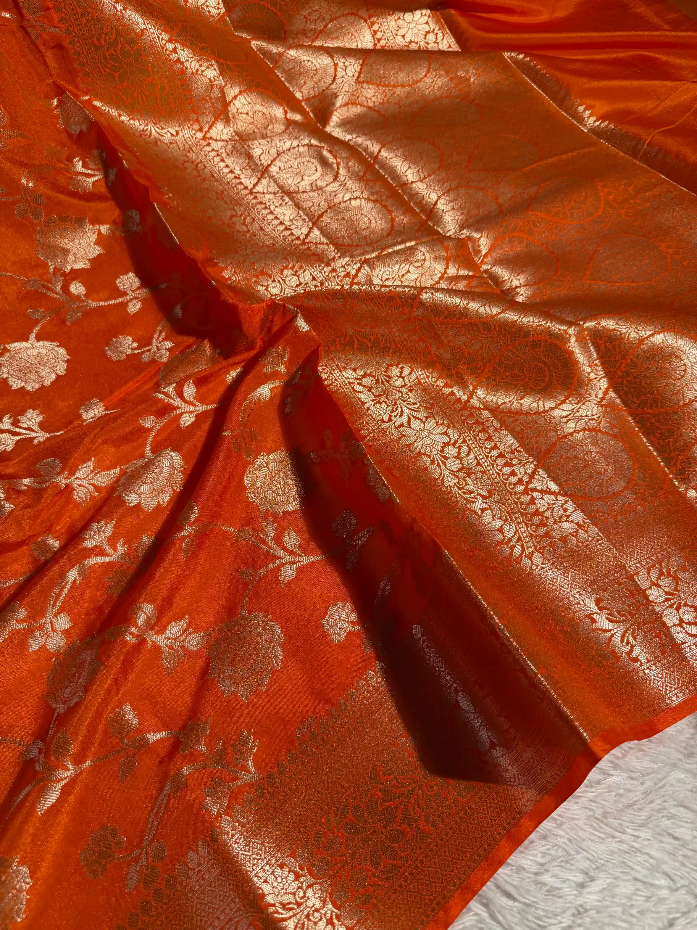 Bright Orange Chinia Silk Floral Jaal Weave Banarasi Saree