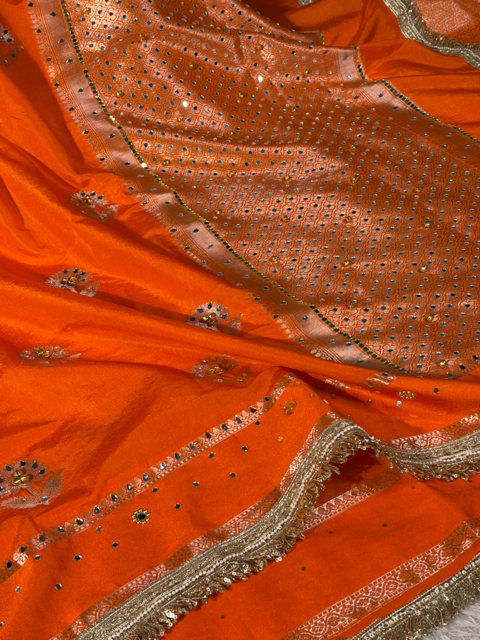 Bright Orange Chinia Silk Ghungroo Mirror Work Saree