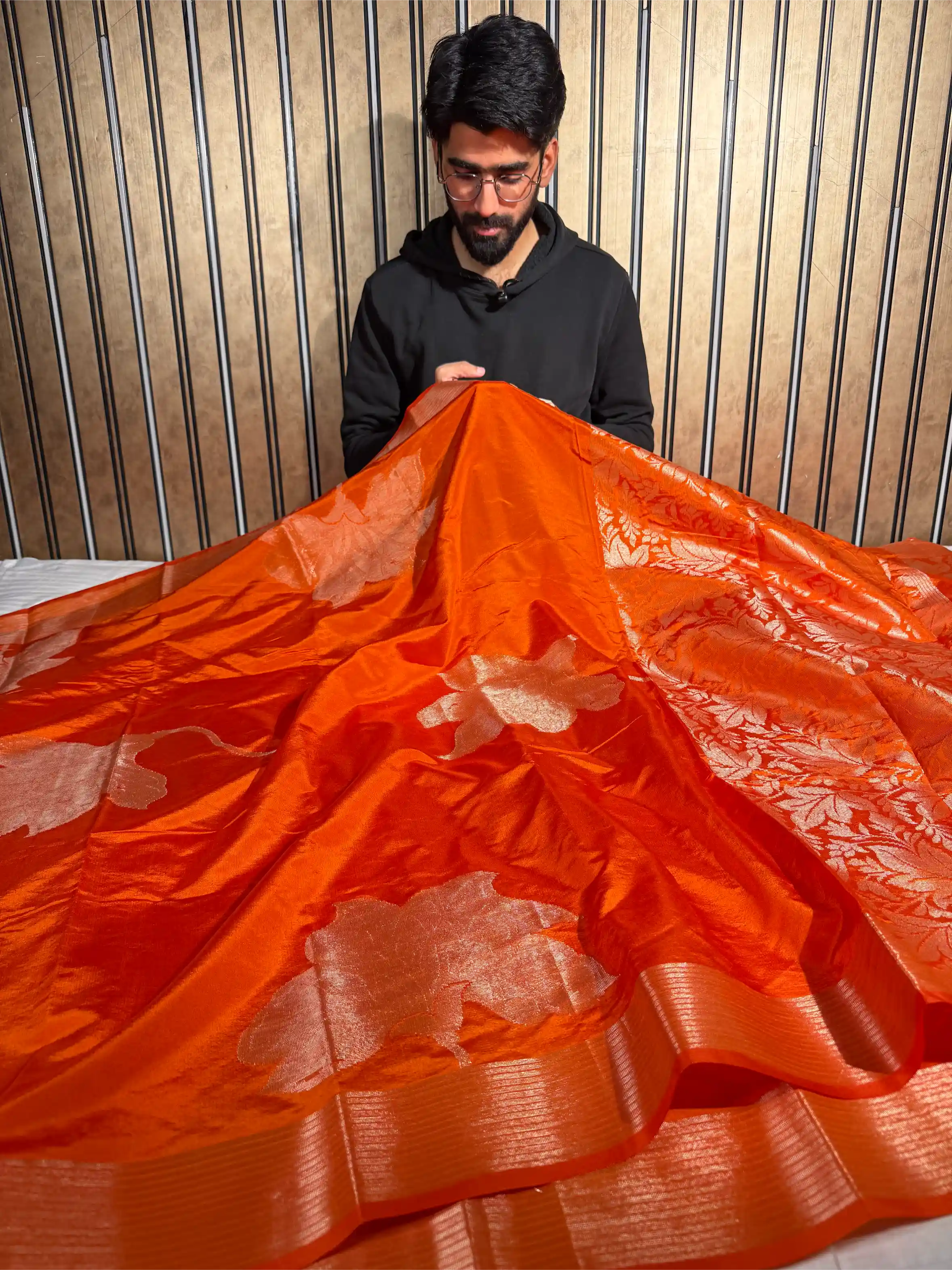 Bright Orange Chinia Silk Heritage Grand Design Banarasi Saree