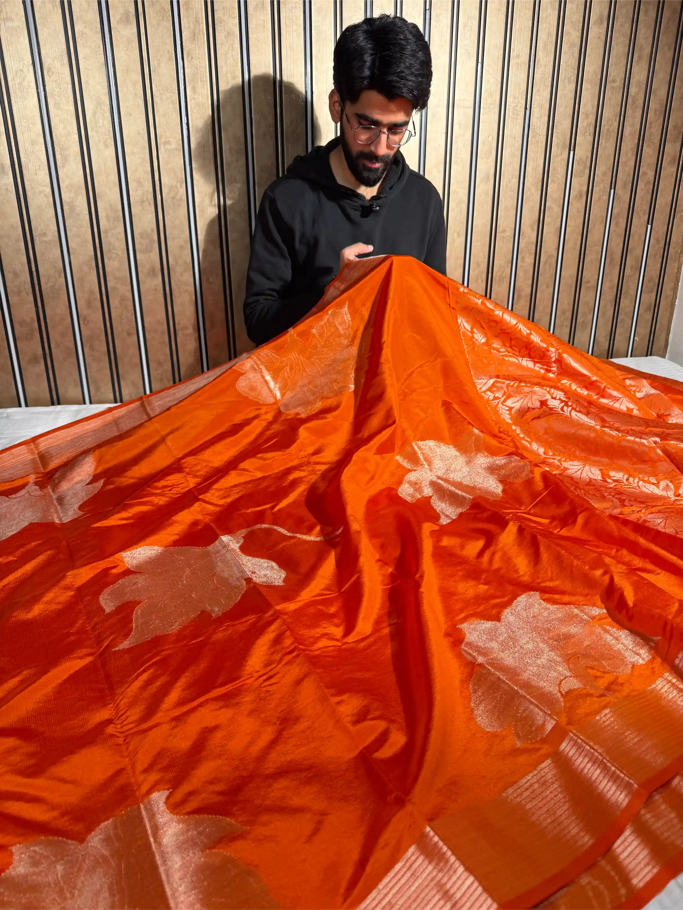 Bright Orange Chinia Silk Heritage Grand Design Banarasi Saree