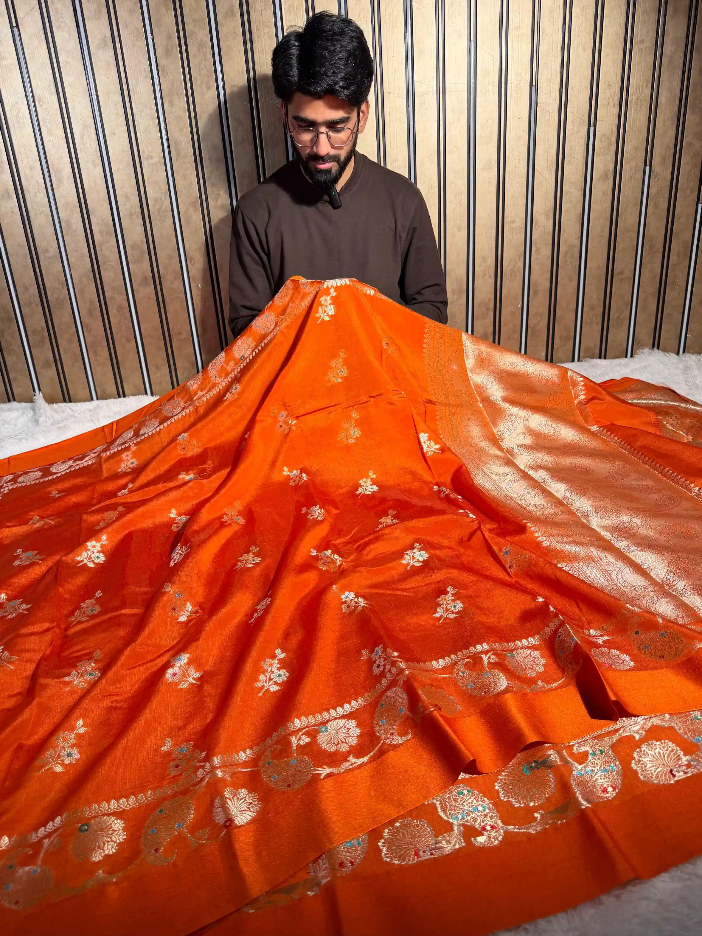 Bright Orange Chinia Silk Heritage Weave Banarasi Saree