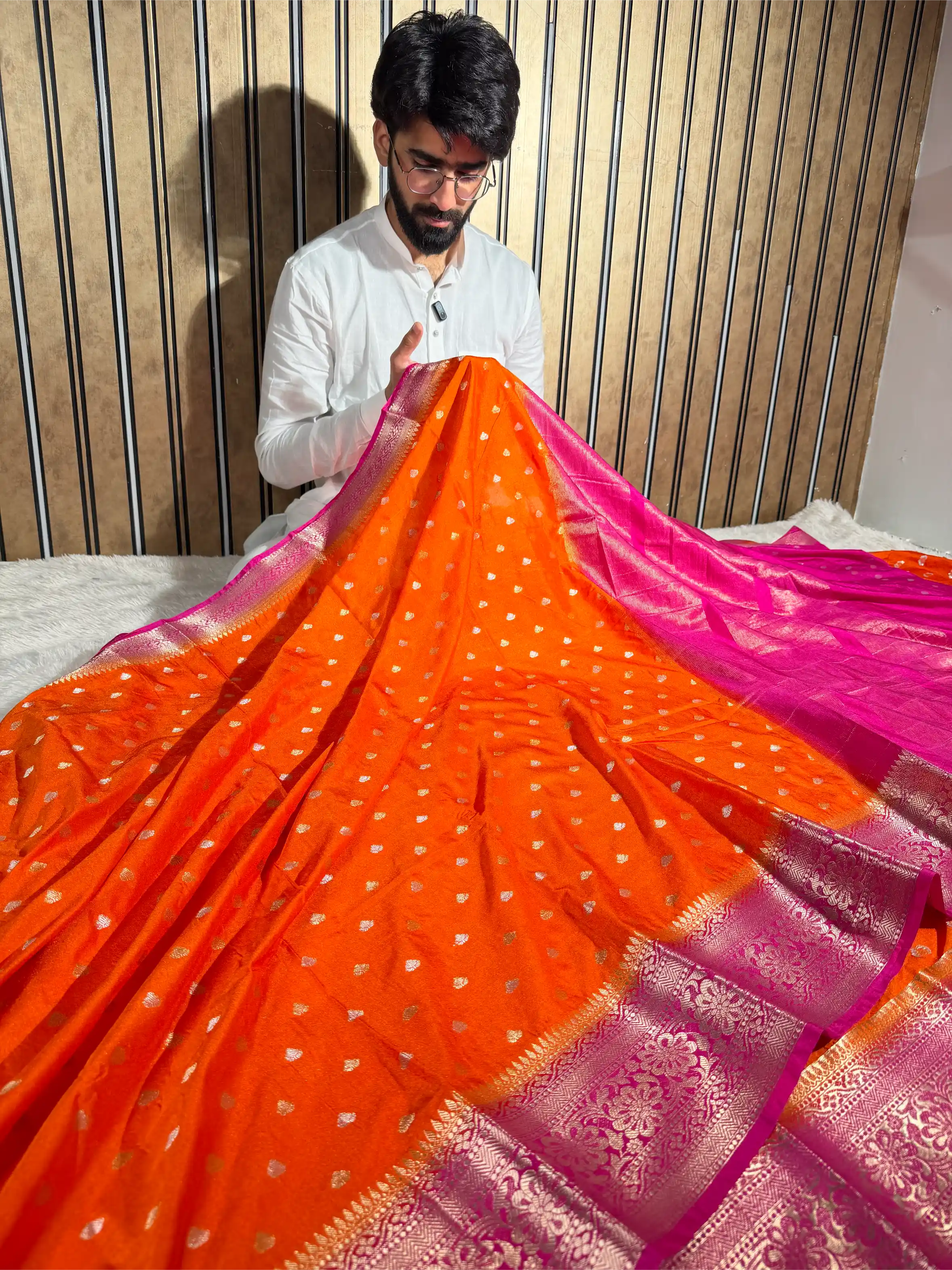 Bright Orange Chinia Silk Traditional Buti Banarasi Saree