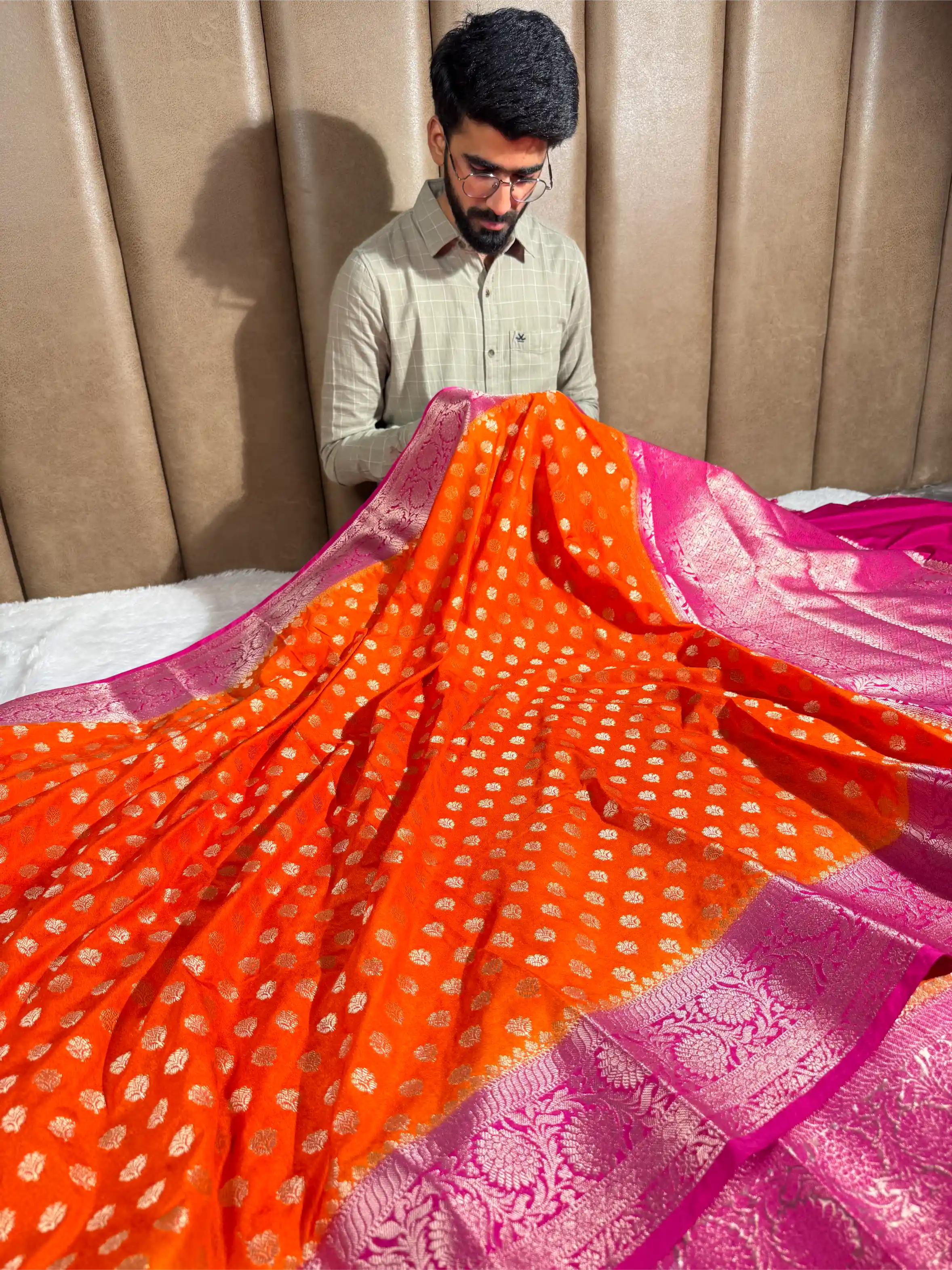 Bright Orange Chiniya Silk Khaddi Buti Banarasi Saree