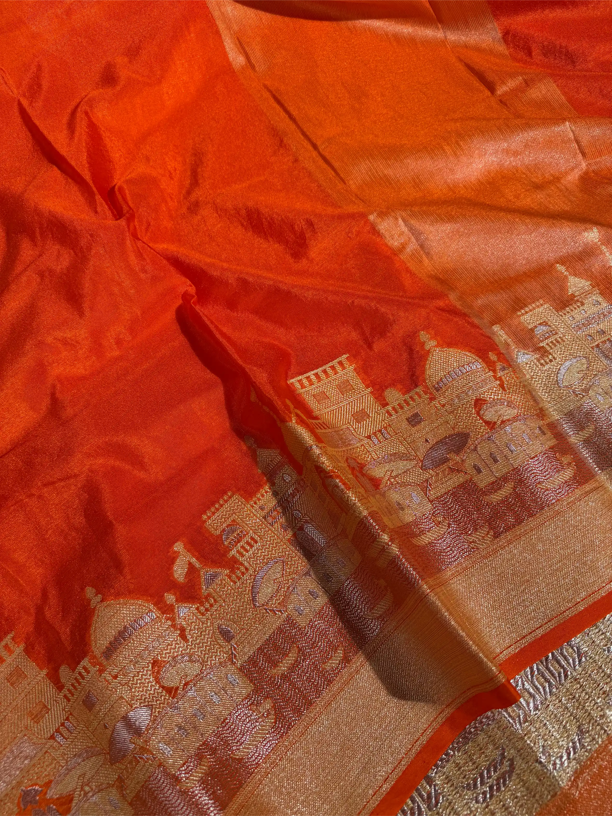 Bright Orange Georgette Silk Ghats of Banaras Banarasi Saree
