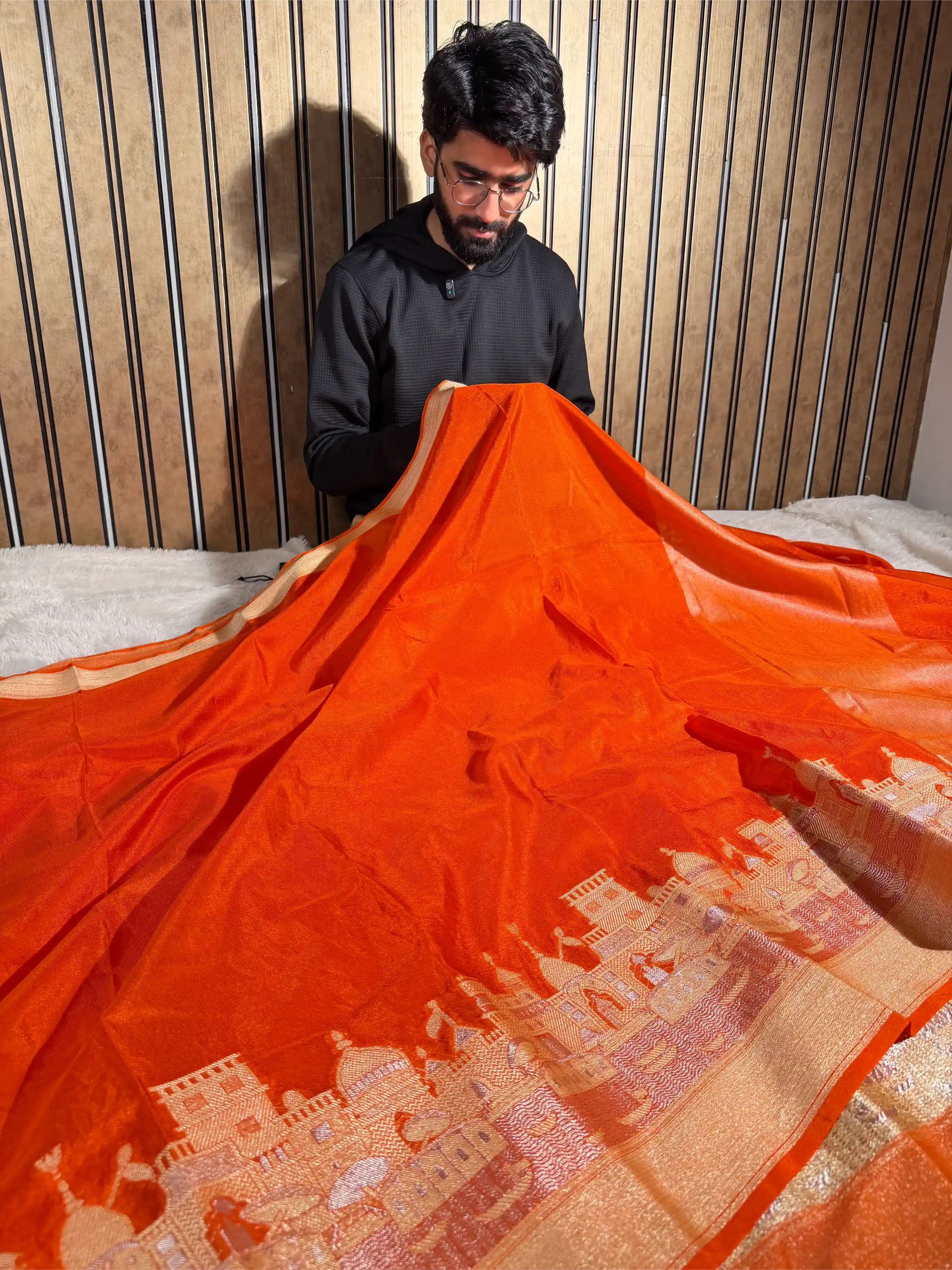 Bright Orange Georgette Silk Ghats of Banaras Banarasi Saree