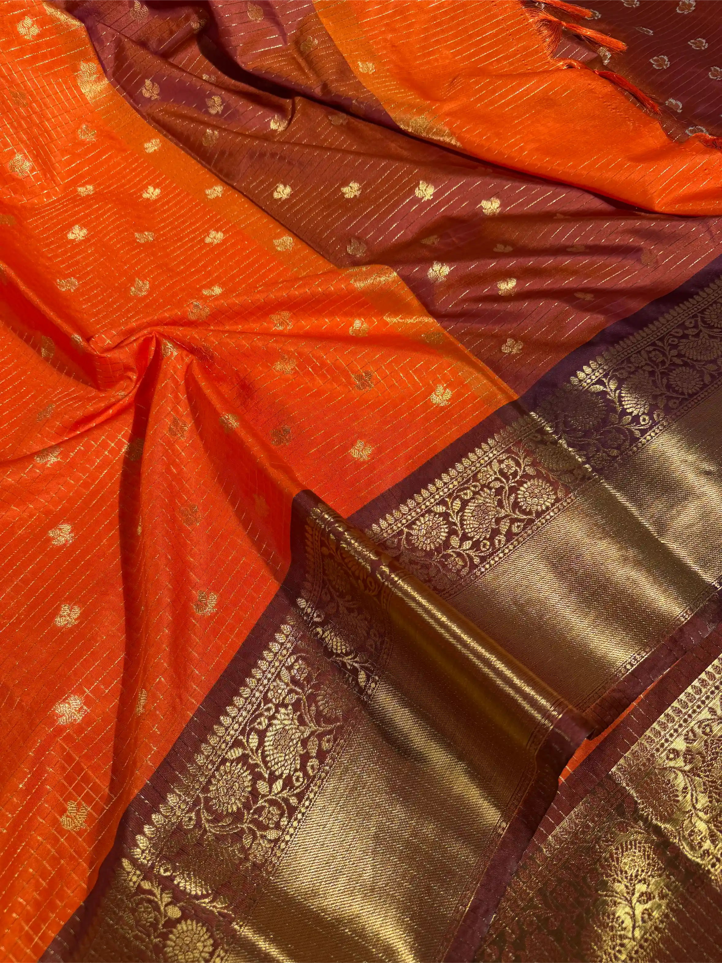 Bright Orange Kanchi Silk Maheshwari Checks Banarasi Saree