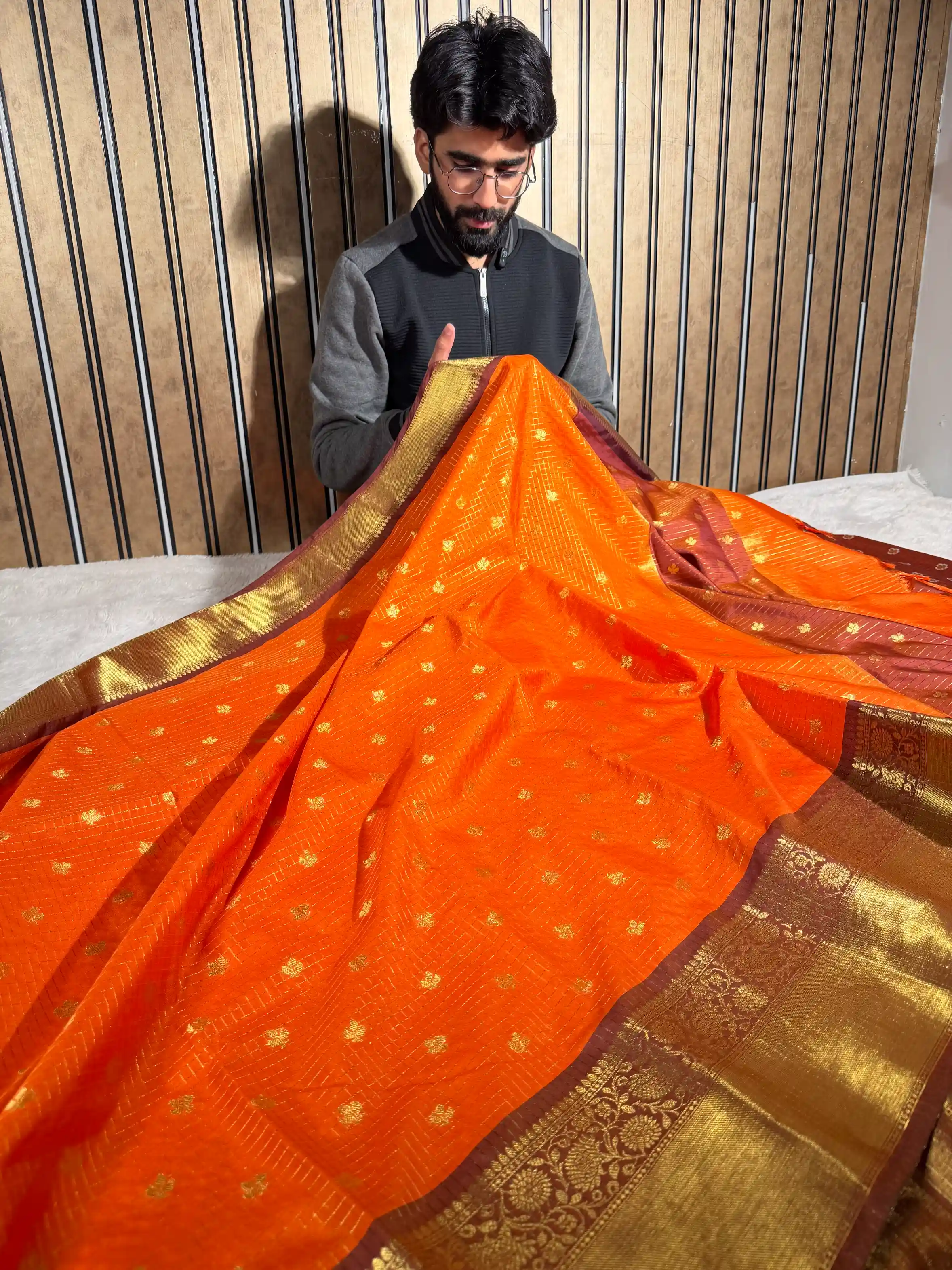 Bright Orange Kanchi Silk Maheshwari Checks Banarasi Saree