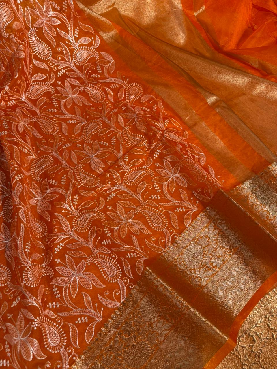 Bright Orange Kora Organza Chikankari Embroidered Banarasi Saree