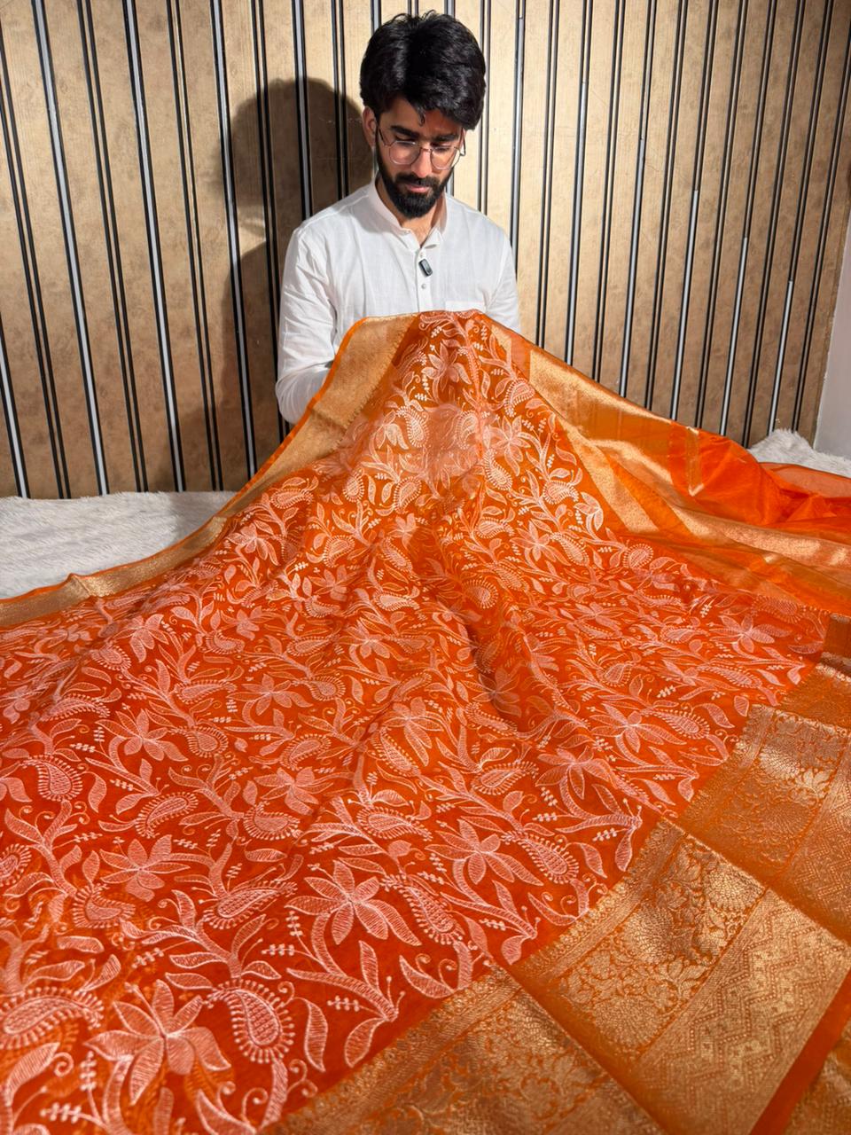 Bright Orange Kora Organza Chikankari Embroidered Banarasi Saree