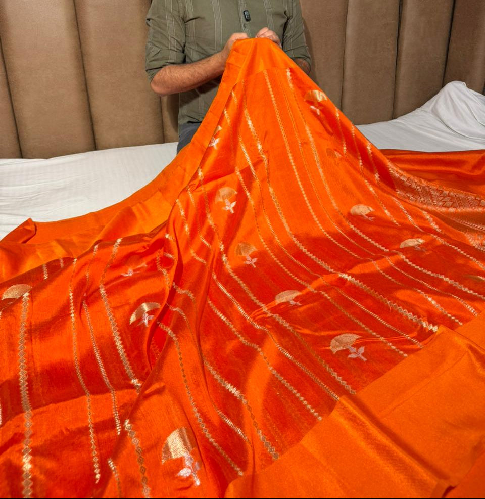 Bright Orange Mango Silk Heritage Banarasi Saree