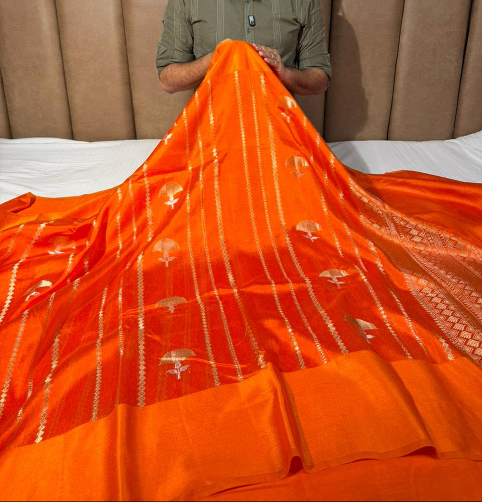 Bright Orange Mango Silk Heritage Banarasi Saree