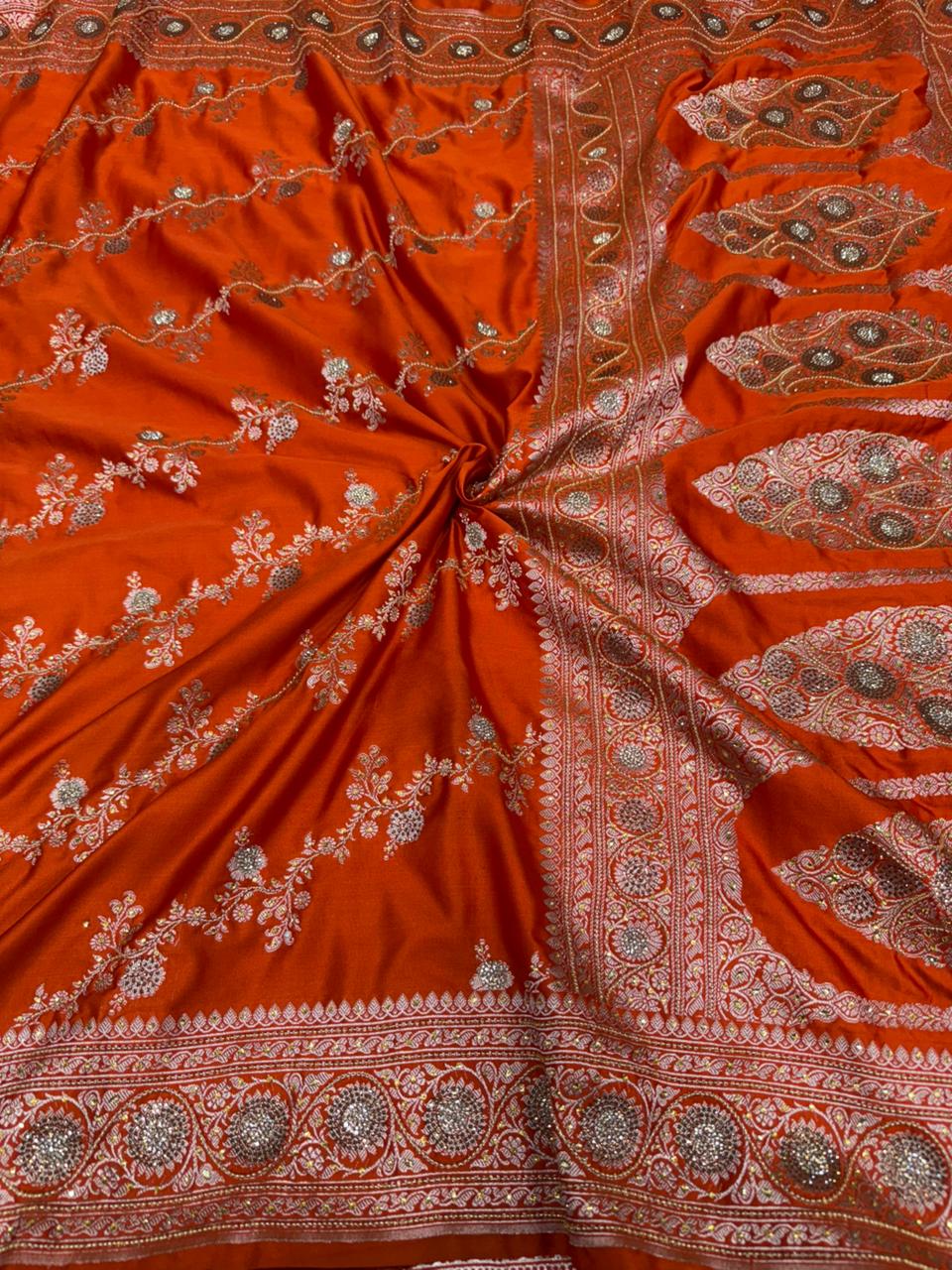 Bright Orange Mashru Katan Silk Aari and Stone Work Banarasi Saree