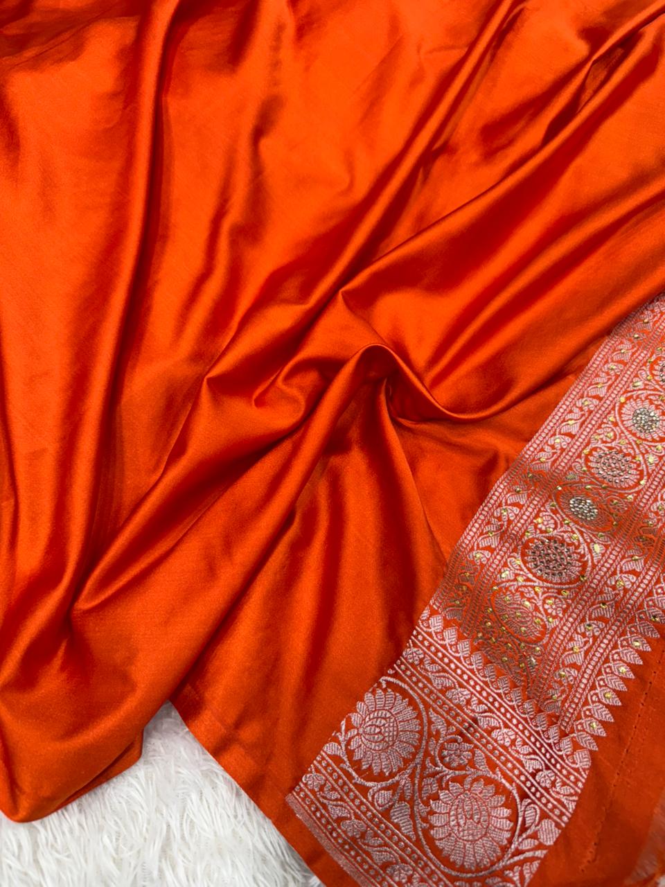 Bright Orange Mashru Katan Silk Aari and Stone Work Banarasi Saree