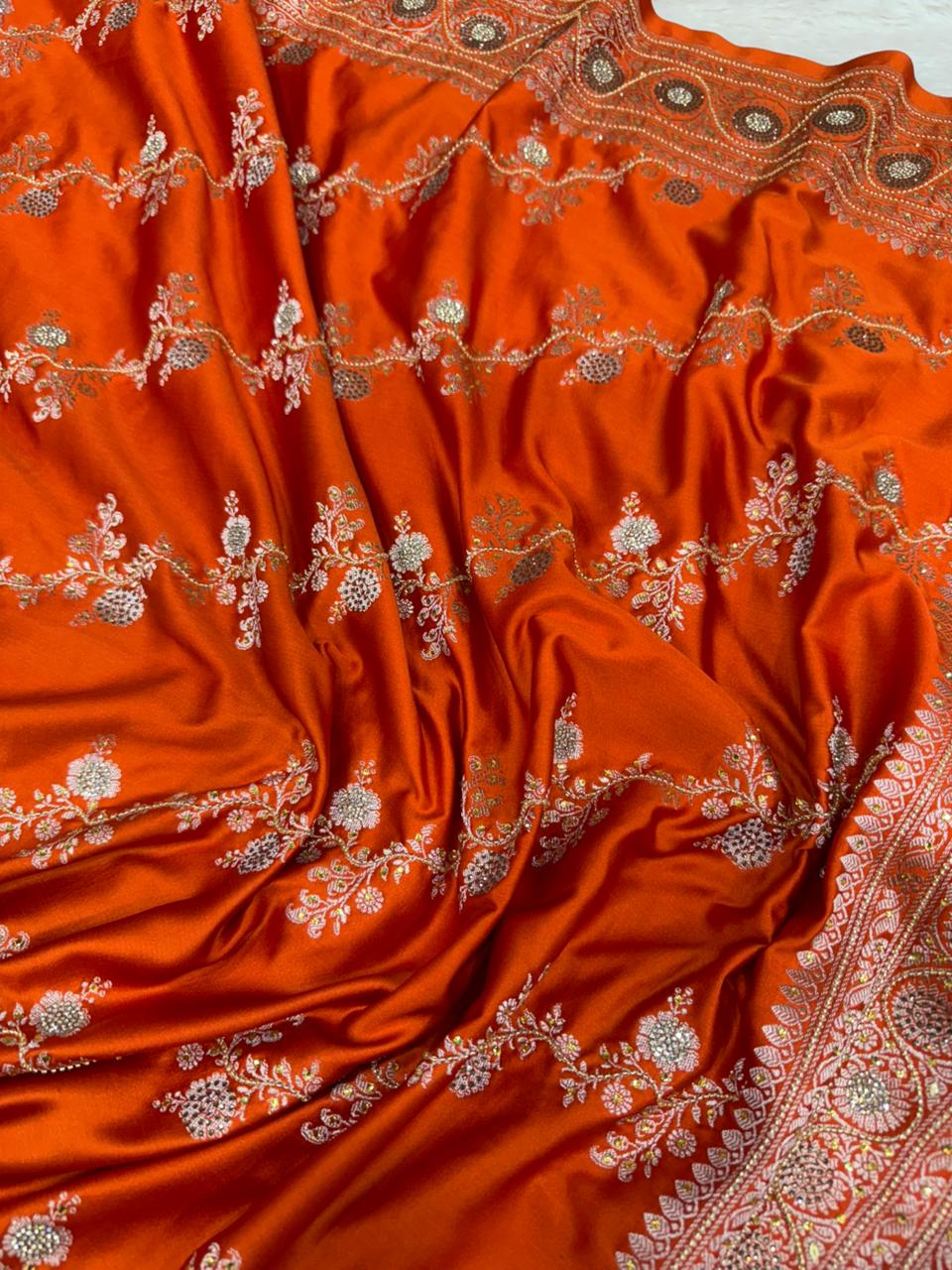 Bright Orange Mashru Katan Silk Aari and Stone Work Banarasi Saree