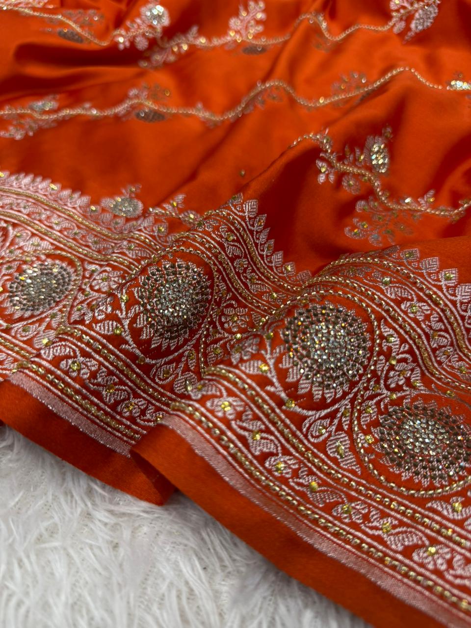Bright Orange Mashru Katan Silk Aari and Stone Work Banarasi Saree