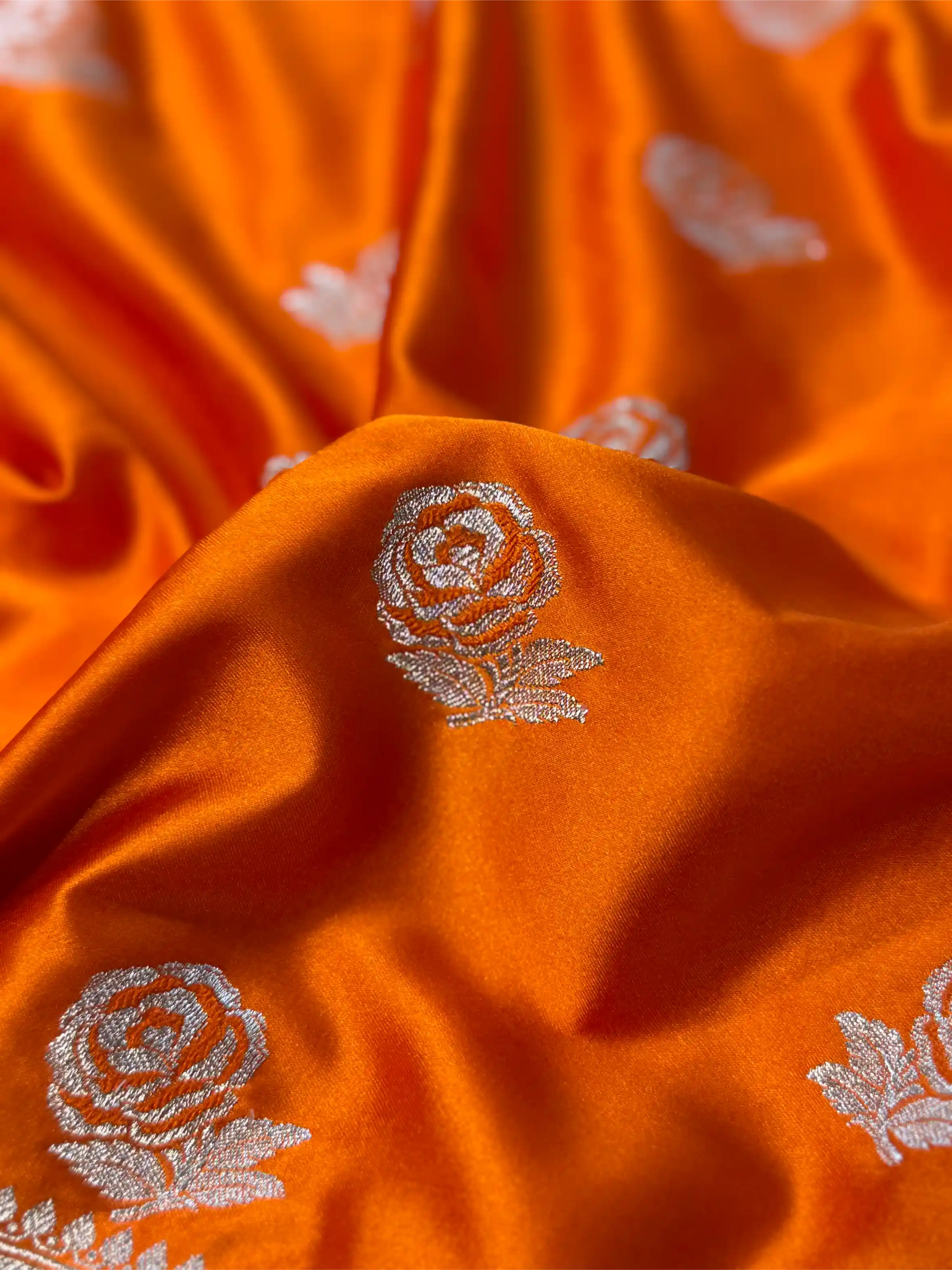 Bright Orange Mashru Katan Silk Golden Zari Floral Buta Banarasi Saree