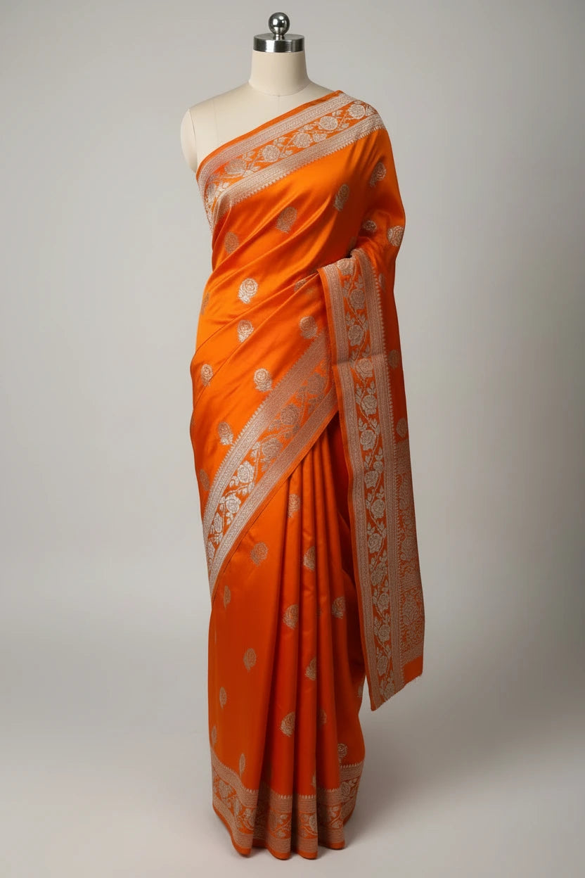 Bright Orange Mashru Katan Silk Golden Zari Floral Buta Banarasi Saree